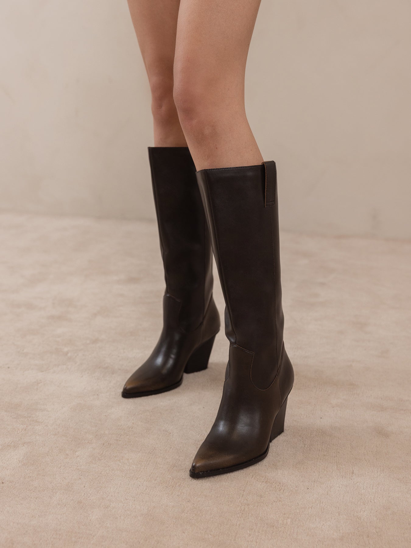 The Collins | Distressed Black Pointed Toe Western Knee Boot