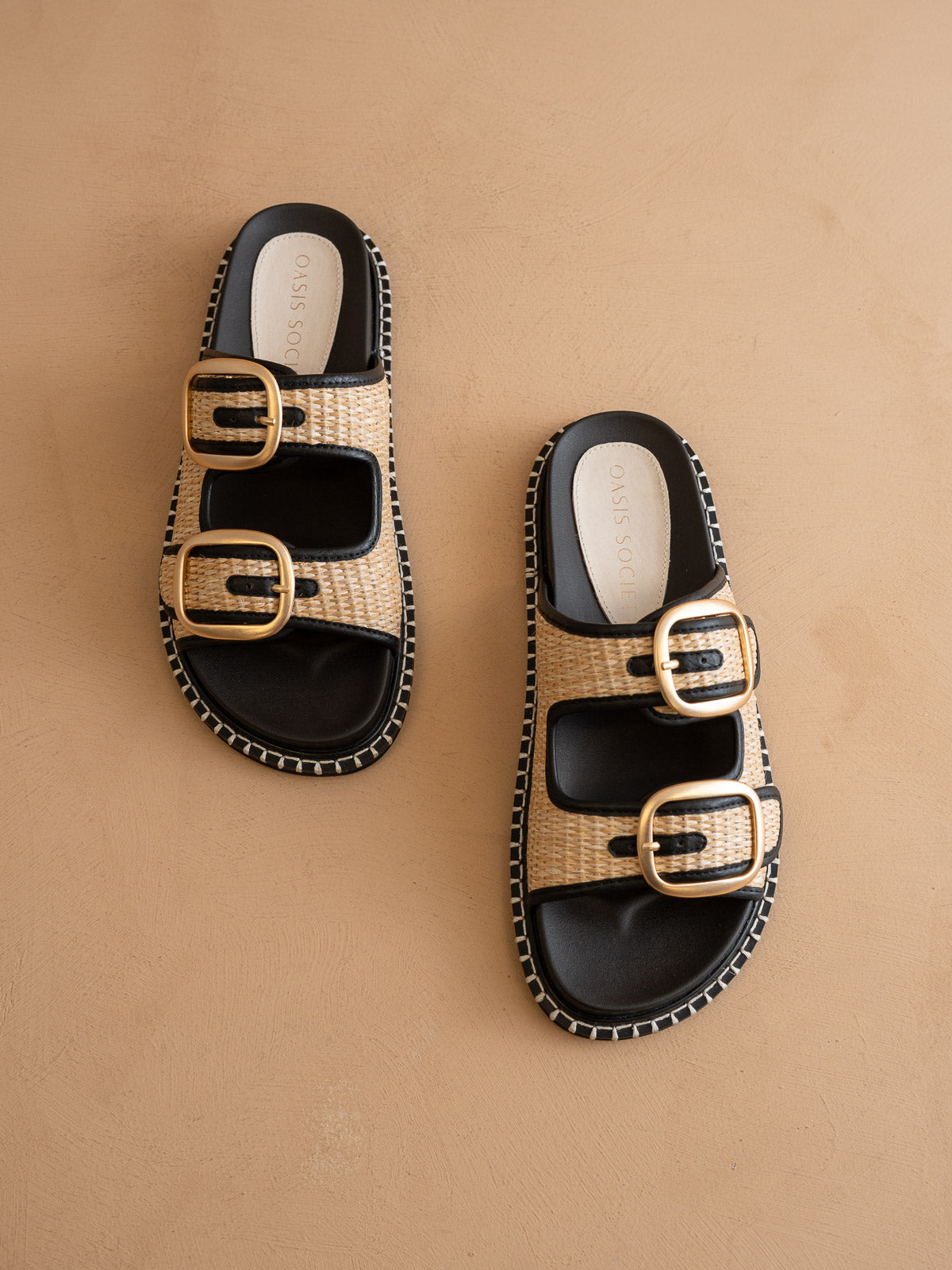 The Daytona | Black a Two-Tone Raffia Gold Buckle Sandal
