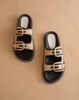 The Daytona | Black a Two-Tone Raffia Gold Buckle Sandal
