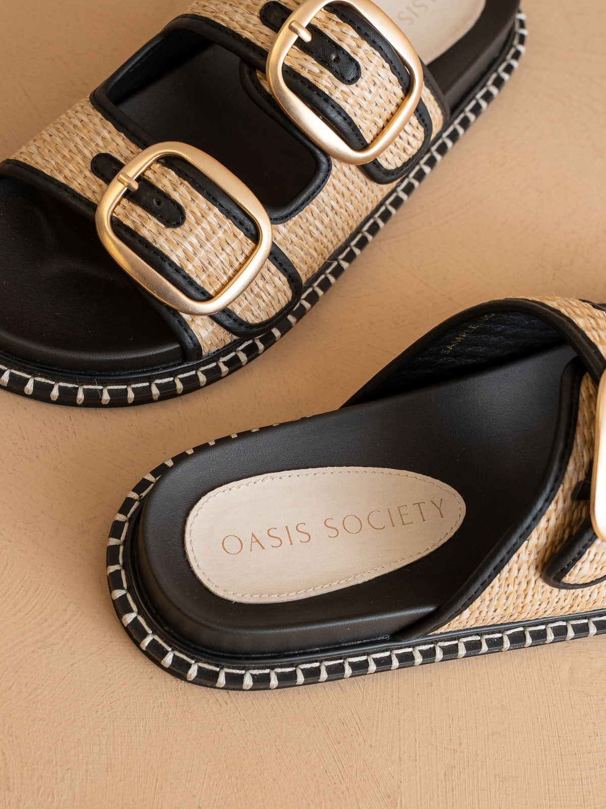 The Daytona | Black a Two-Tone Raffia Gold Buckle Sandal