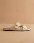The Desiree | Beige Woven Slide with Oversized Gold Buckles