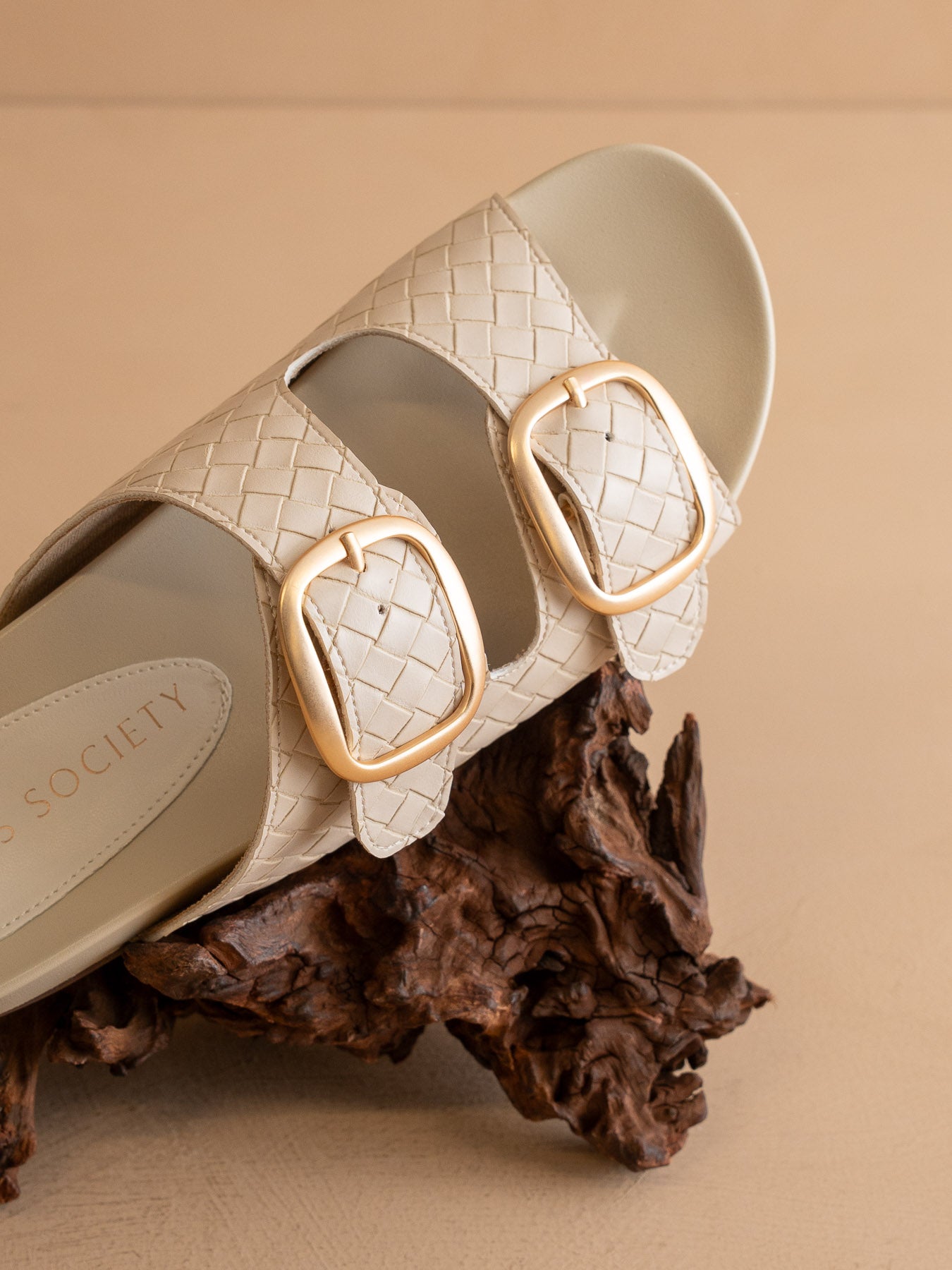 The Desiree | Beige Woven Slide with Oversized Gold Buckles