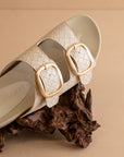 The Desiree | Beige Woven Slide with Oversized Gold Buckles