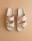 The Desiree | Beige Woven Slide with Oversized Gold Buckles