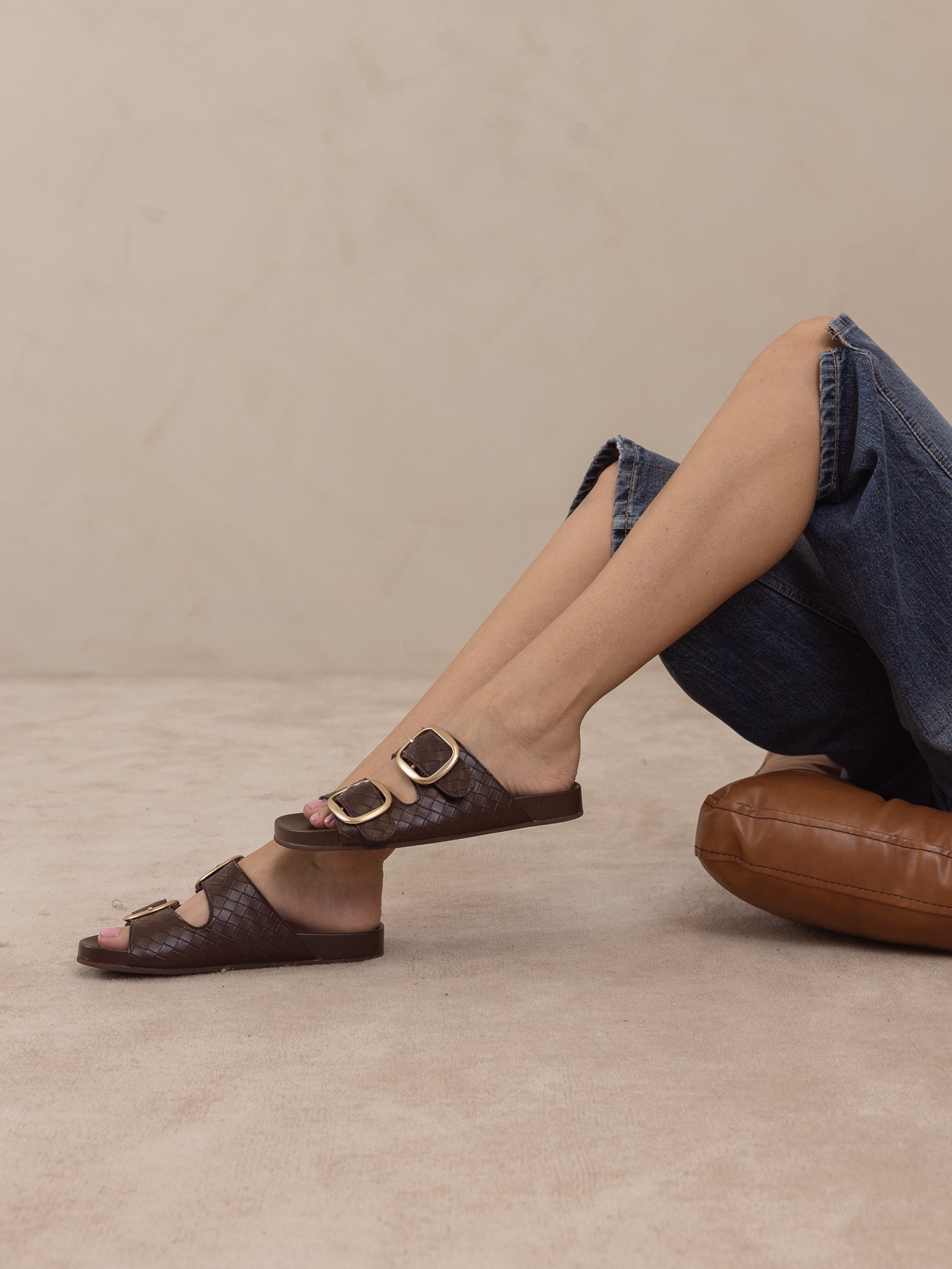 The Desiree | Coffee Modern Woven Oversized Buckle Slide