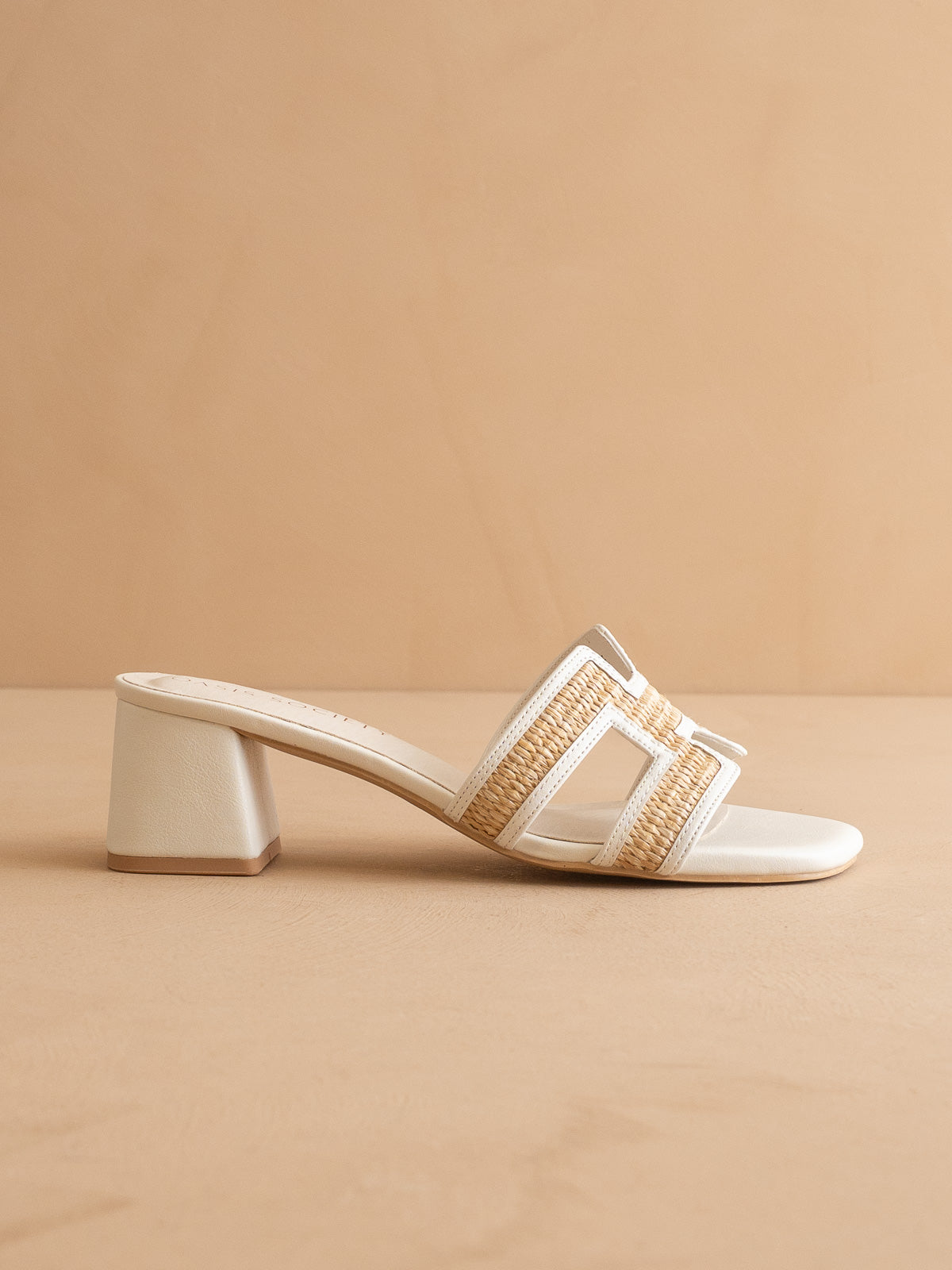 The Eileen | White Raffia H-Cutout Block Heel Slide Sandal