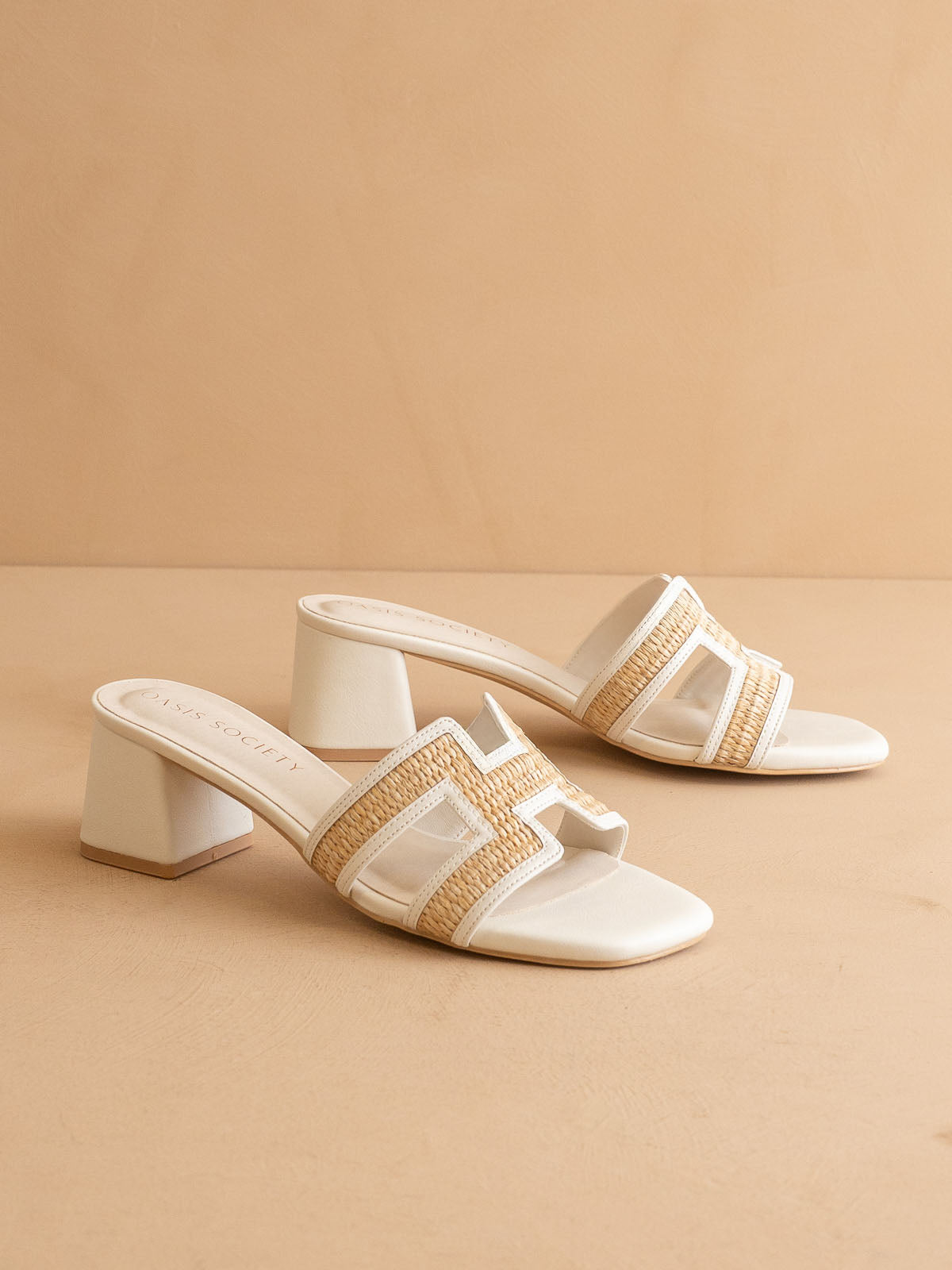 The Eileen | White Raffia H-Cutout Block Heel Slide Sandal