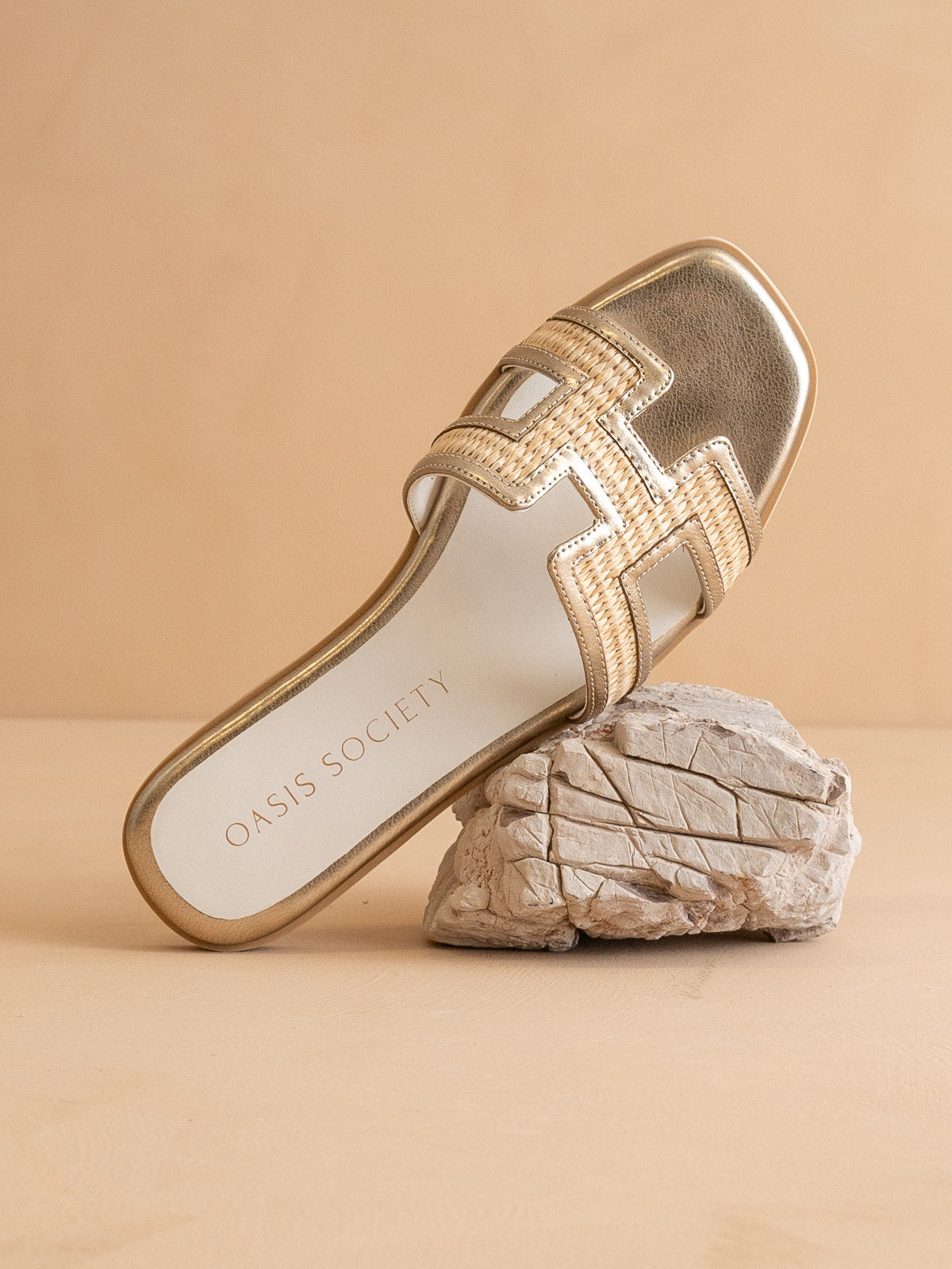 The Ena | Gold H Cutout Raffia Slide – Oasis Society x Free Soul Co.