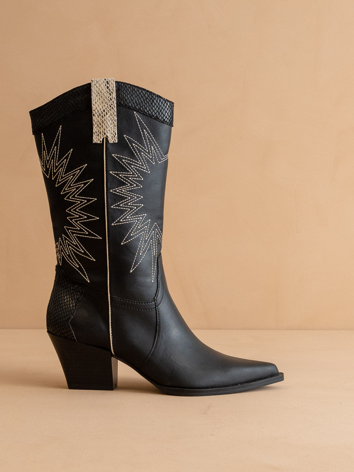 The Halle | Black Paneled Cowboy Boot with Snake Print Detailing