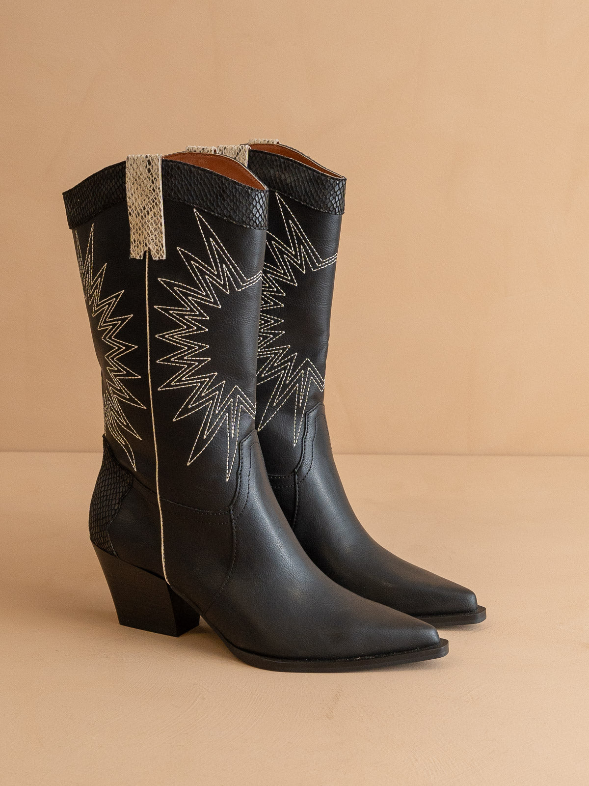 The Halle | Black Paneled Cowboy Boot with Snake Print Detailing