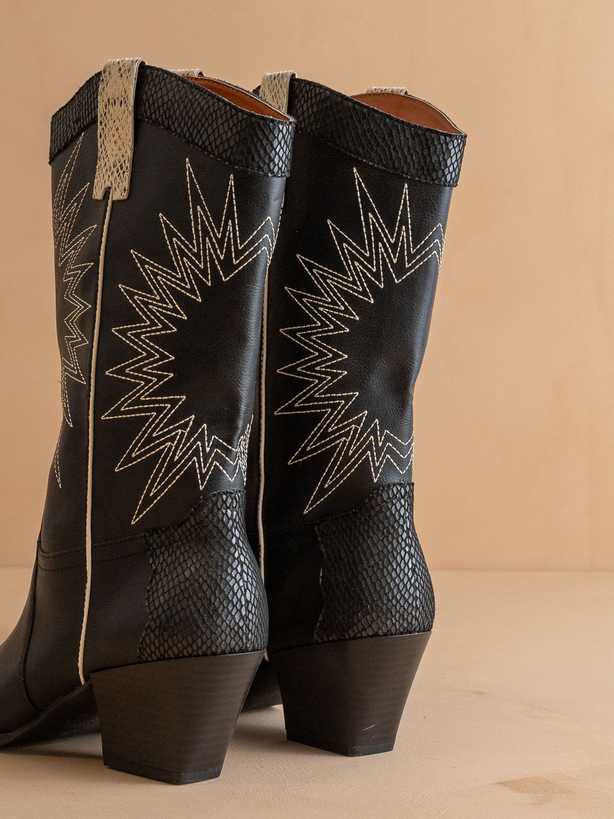 The Halle | Black Paneled Cowboy Boot with Snake Print Detailing