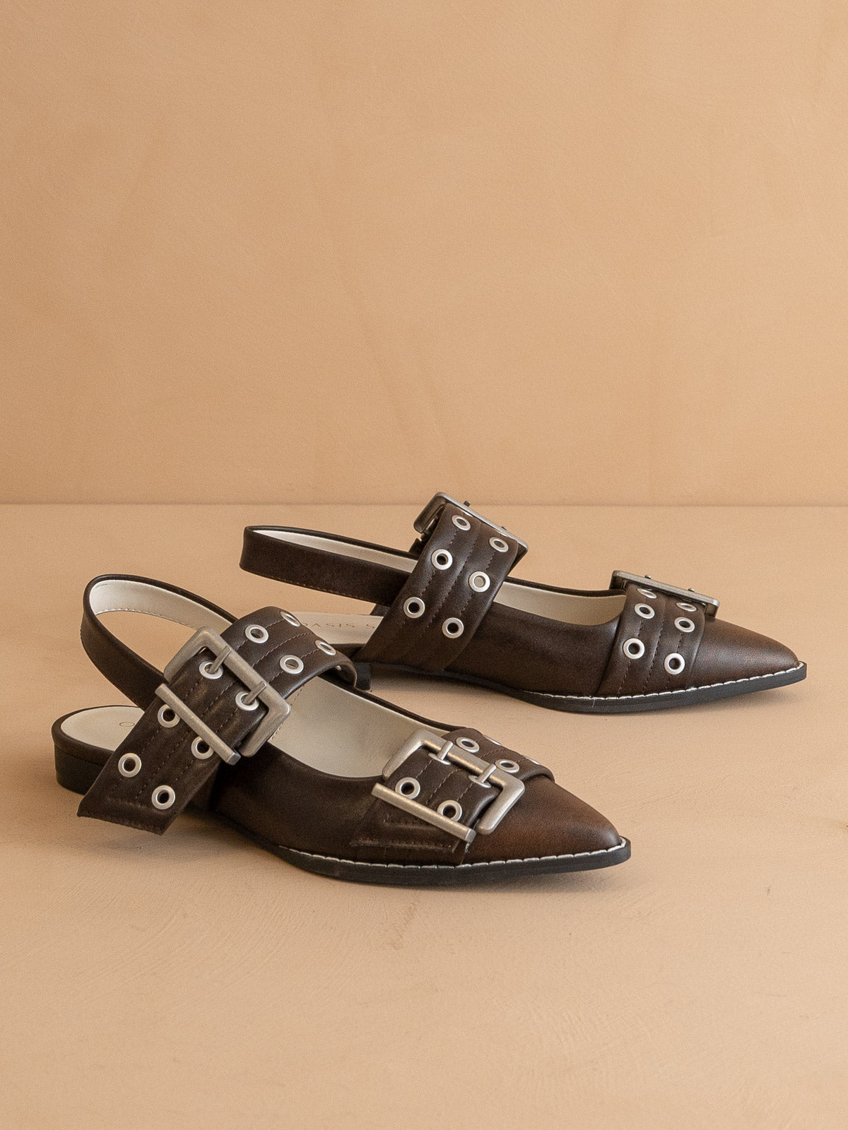 The Harlow | Brown Double Buckle Pointed Ballet Flat