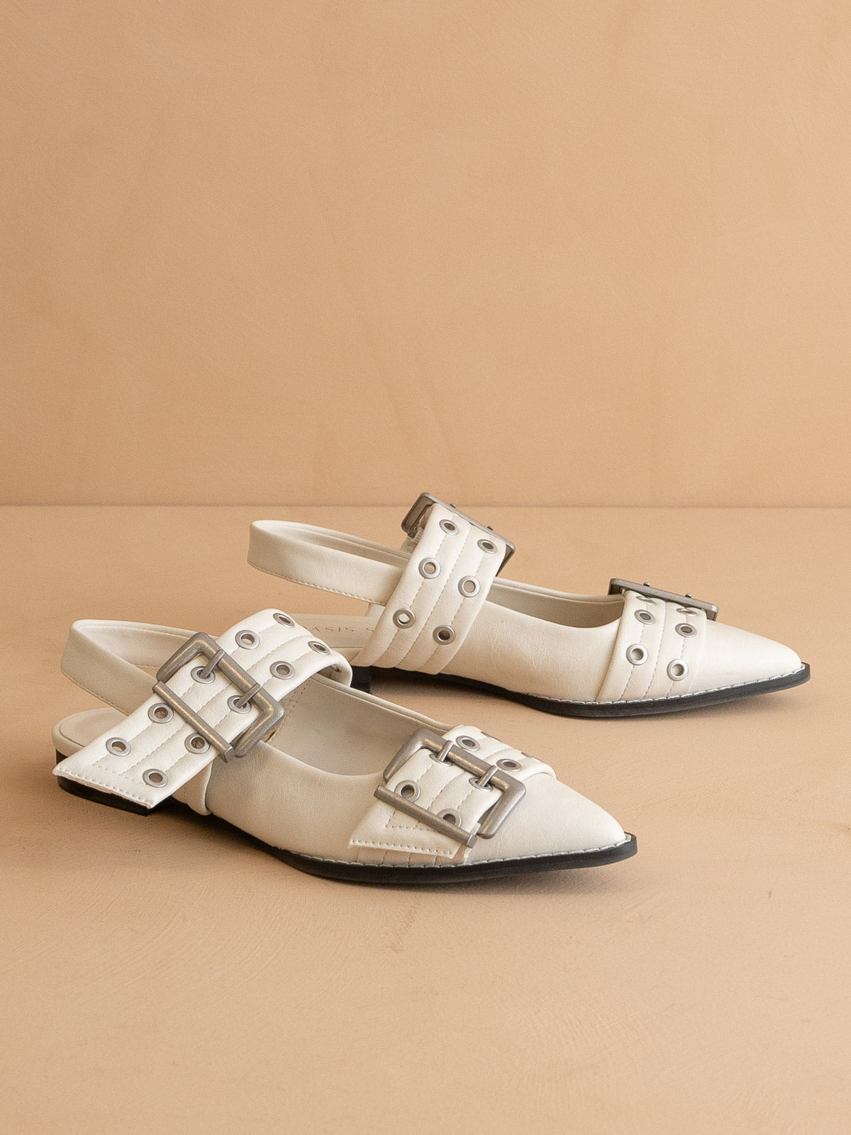 The Harlow | White Double Buckle Pointed Ballet Flat
