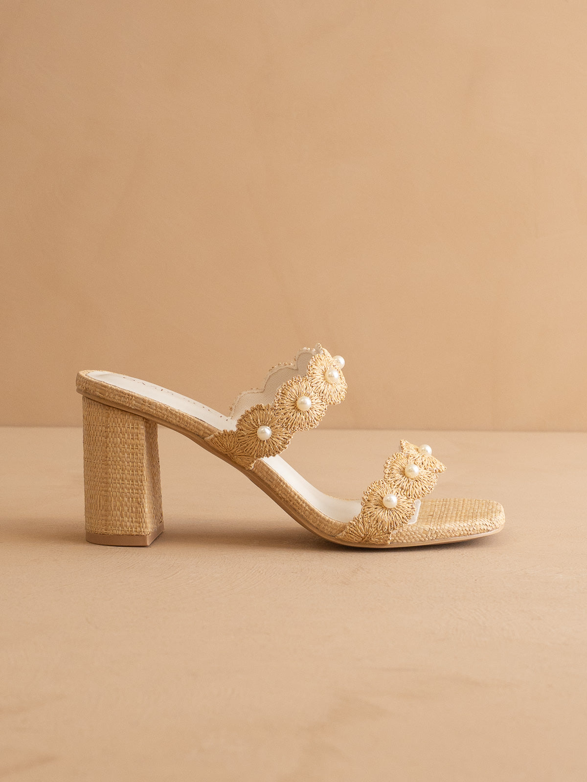 The Helena | Natural Raffia Block Heel Sandal with Pearls