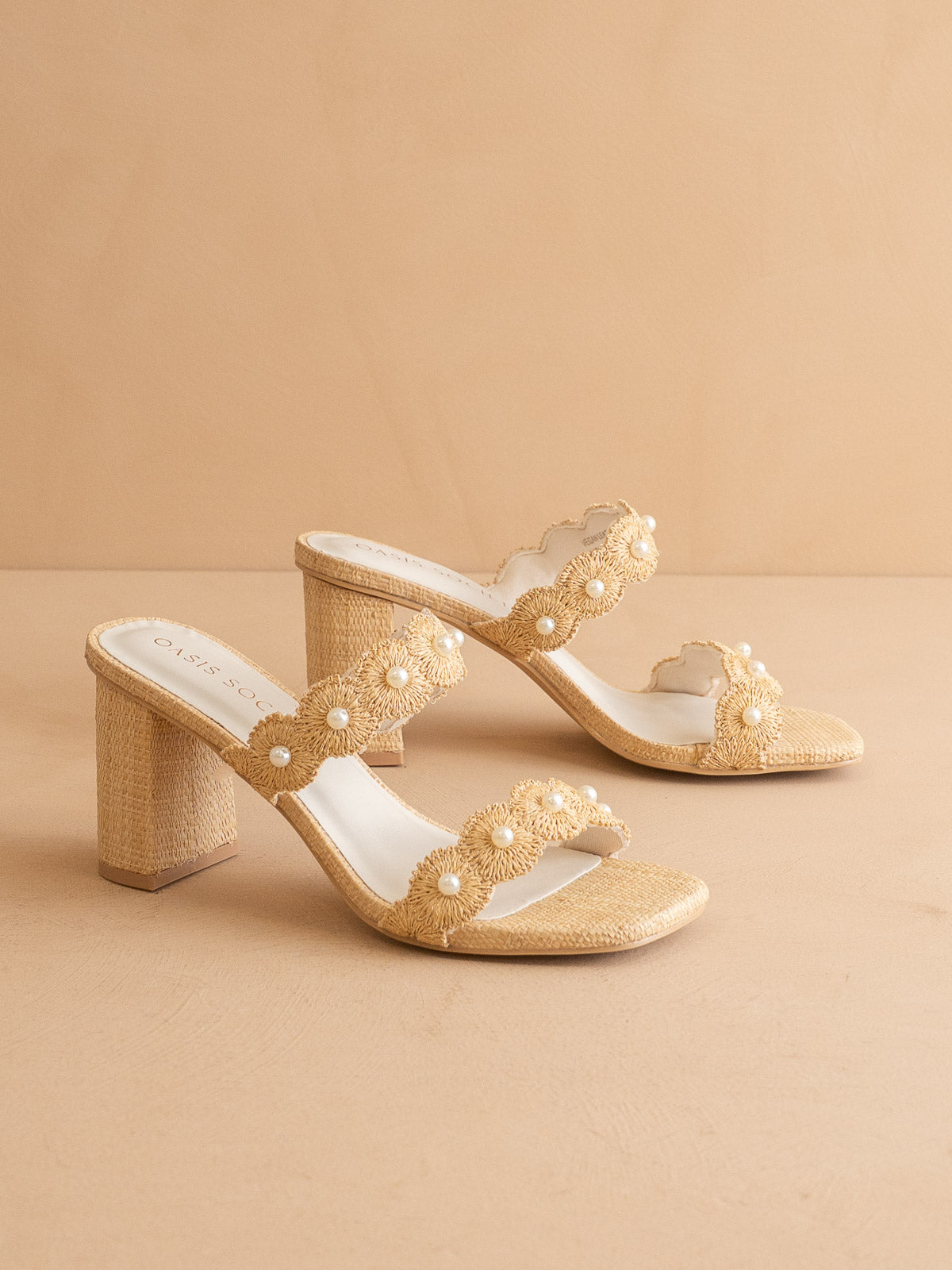 The Helena | Natural Raffia Block Heel Sandal with Pearls