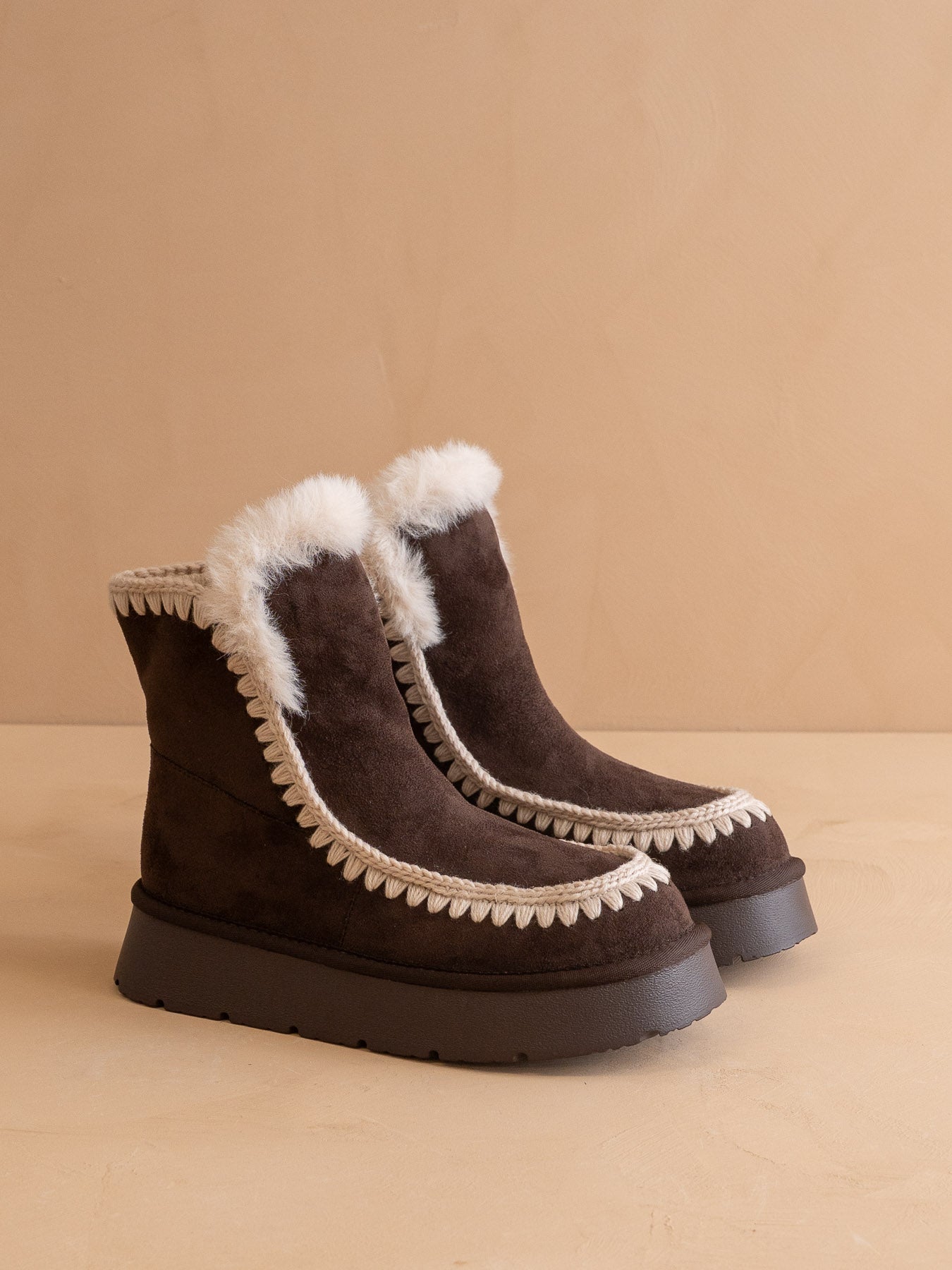 The Joyce | Coffee Shearling Trim Platform Boot