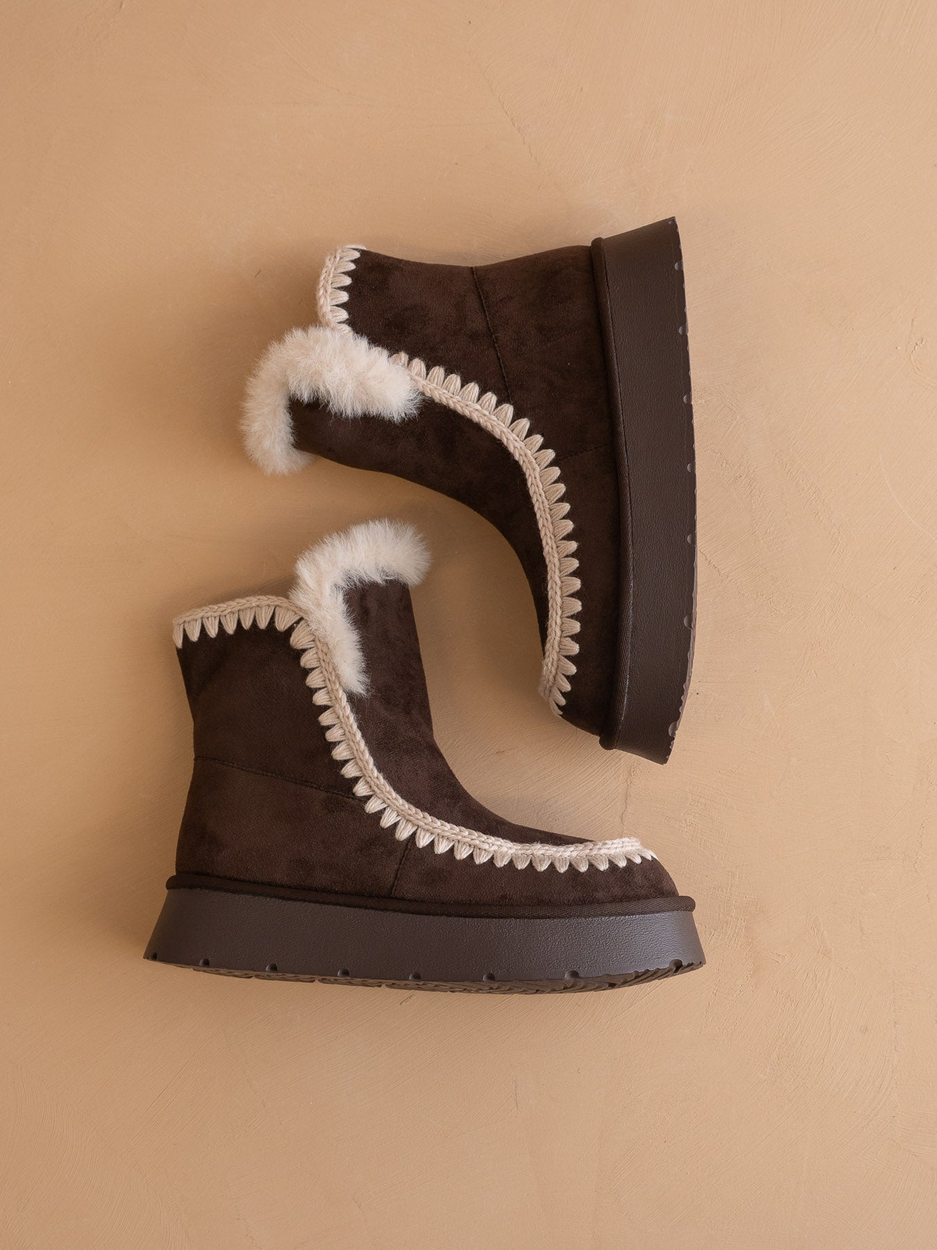 The Joyce | Coffee Shearling Trim Platform Boot