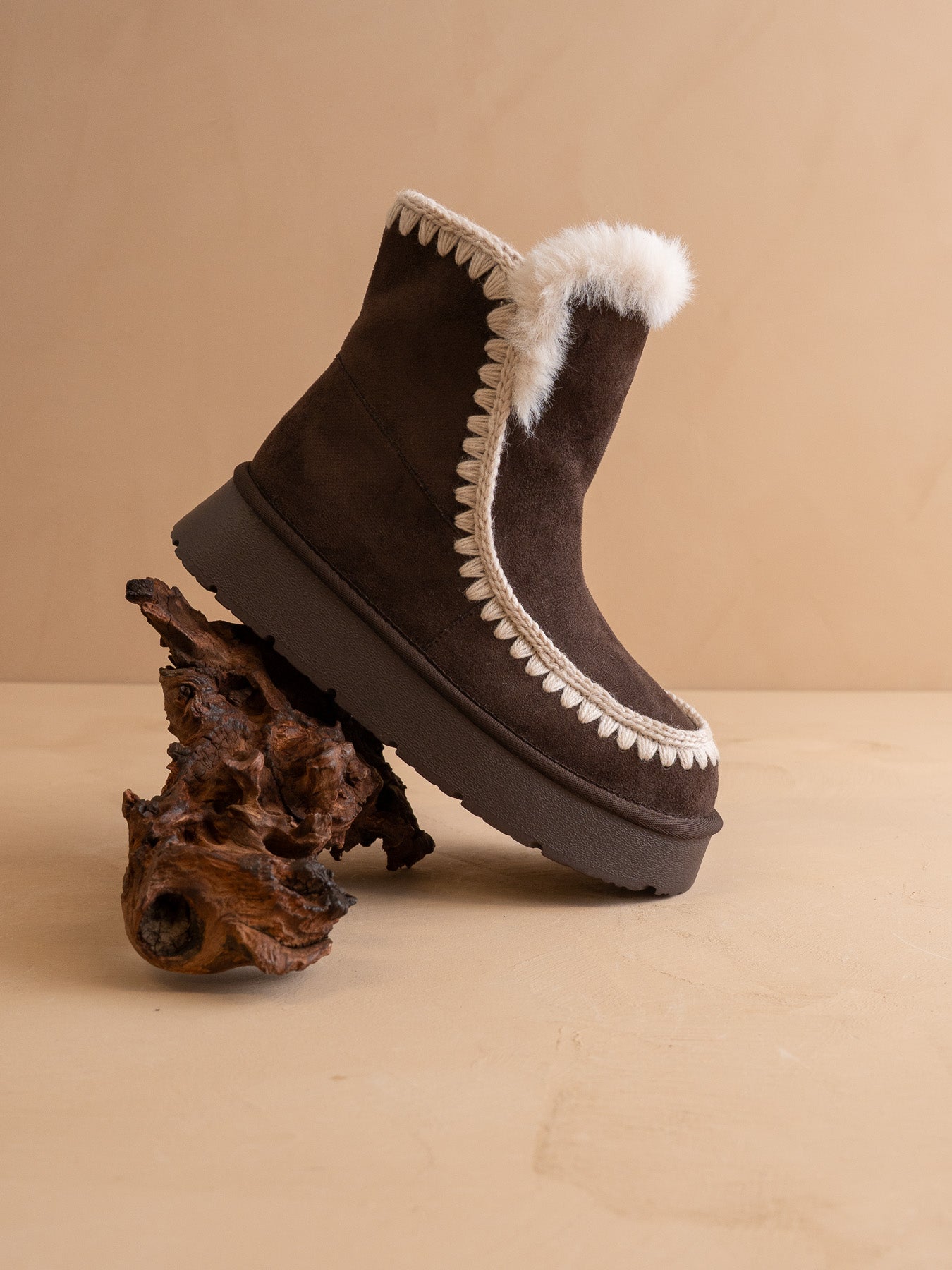 The Joyce | Coffee Shearling Trim Platform Boot