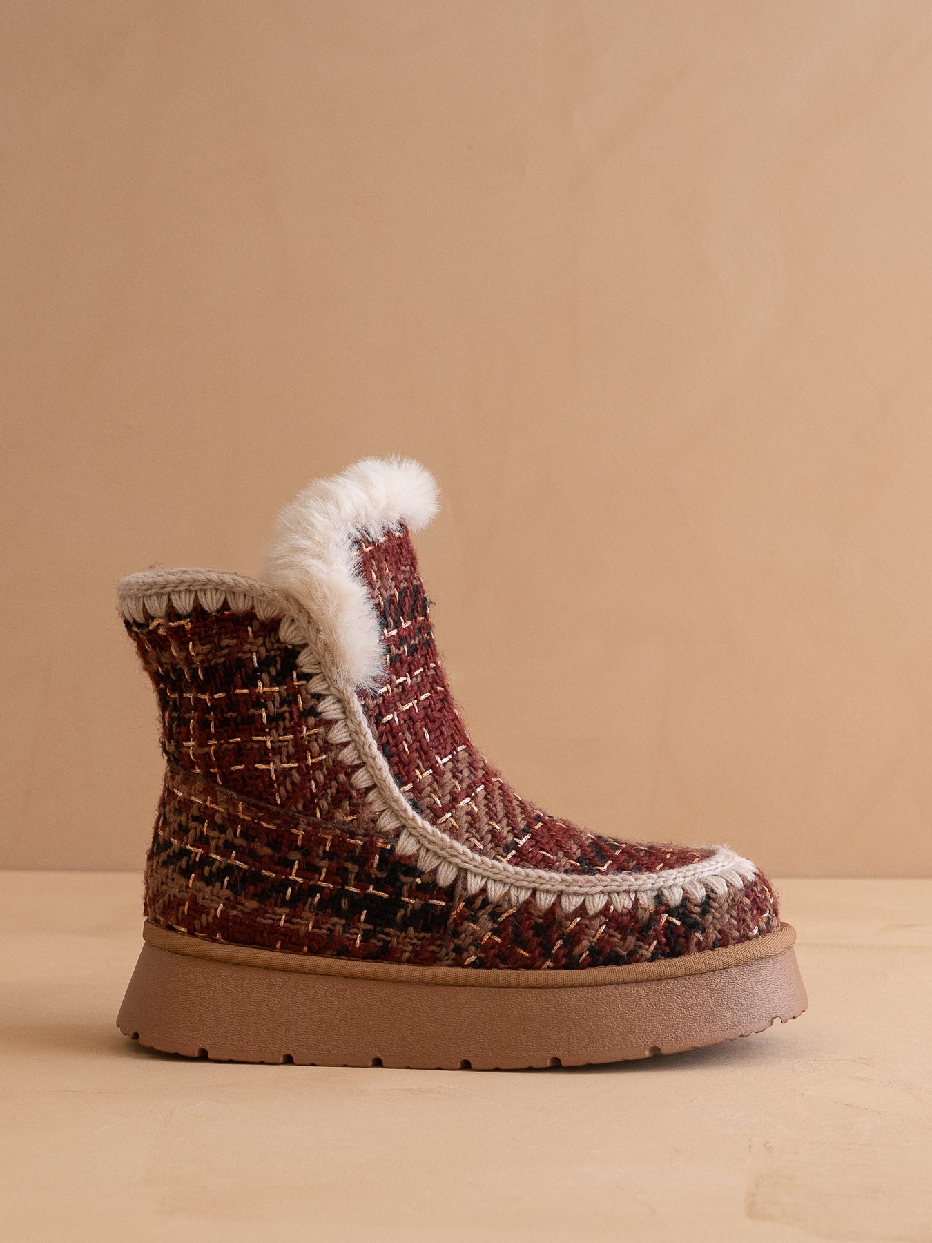 The Joyce | Mocha Tweed Shearling Trim Platform Boot
