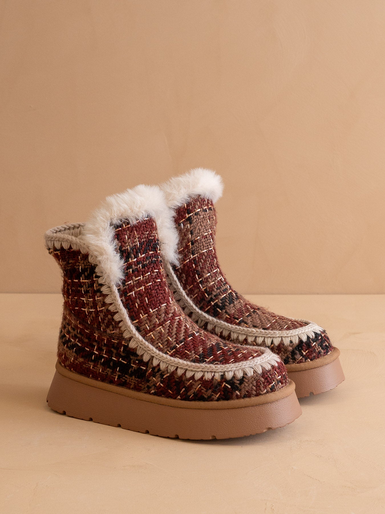 The Joyce | Mocha Tweed Shearling Trim Platform Boot