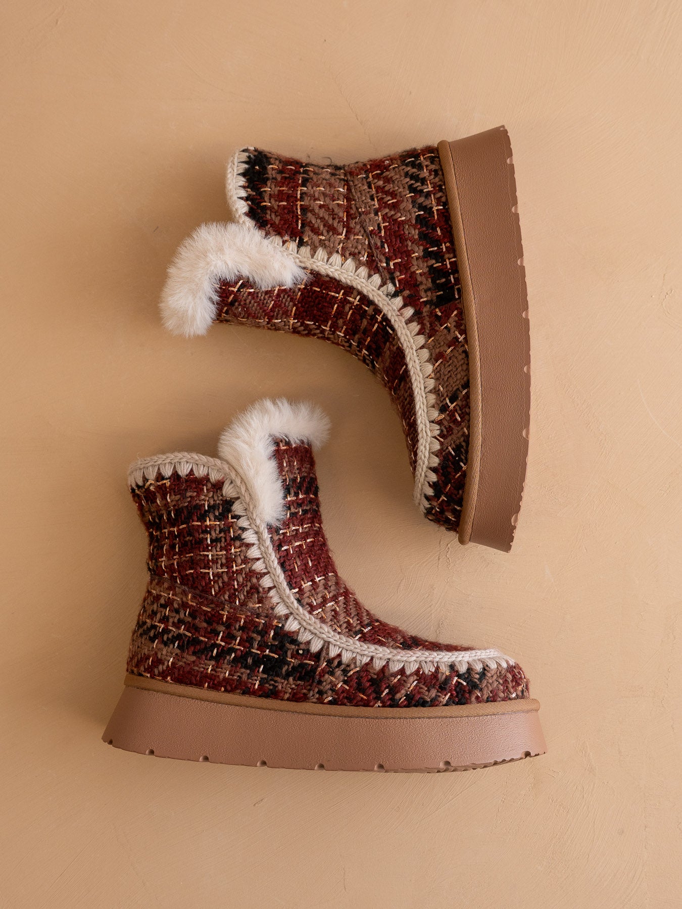 The Joyce | Mocha Tweed Shearling Trim Platform Boot