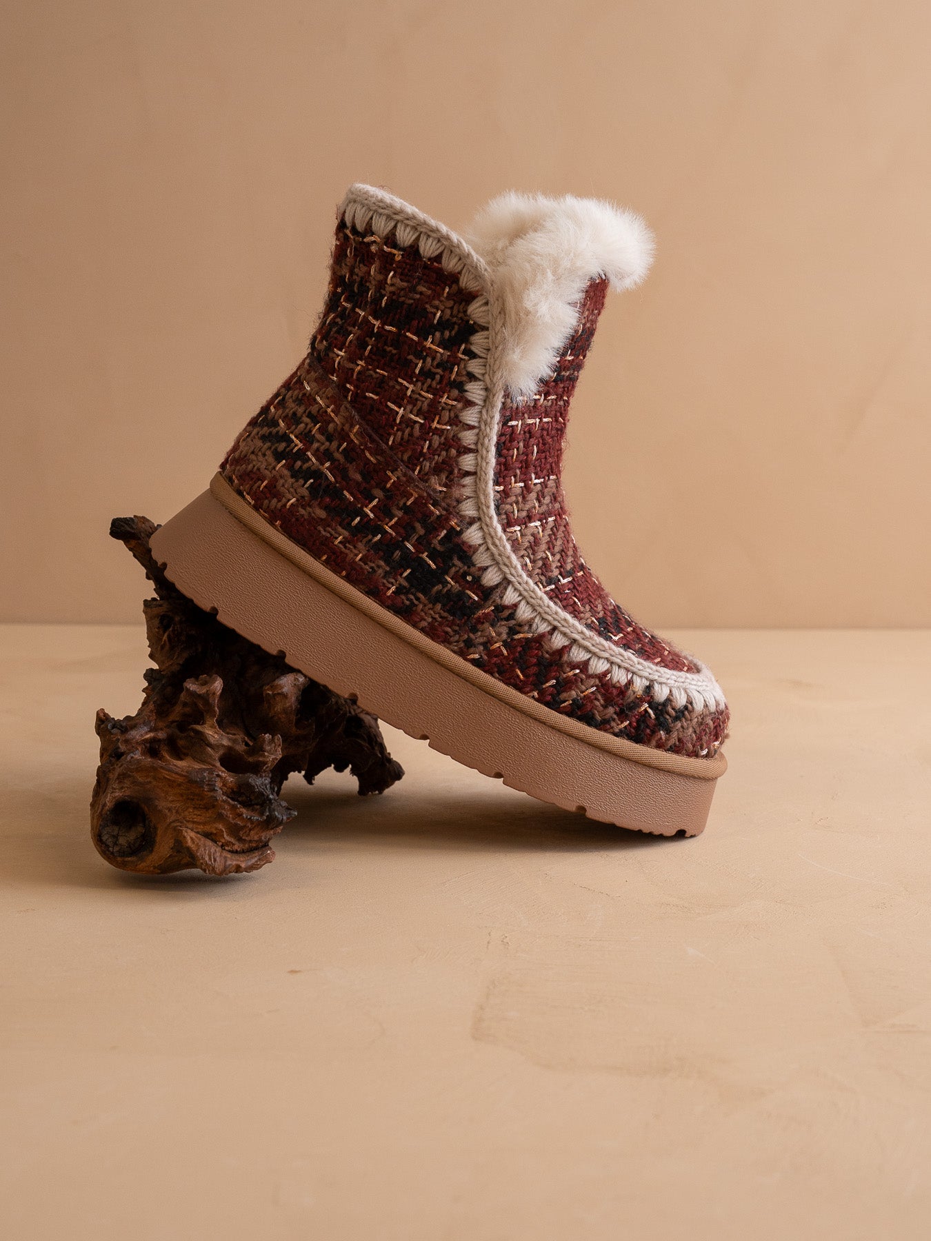 The Joyce | Mocha Tweed Shearling Trim Platform Boot