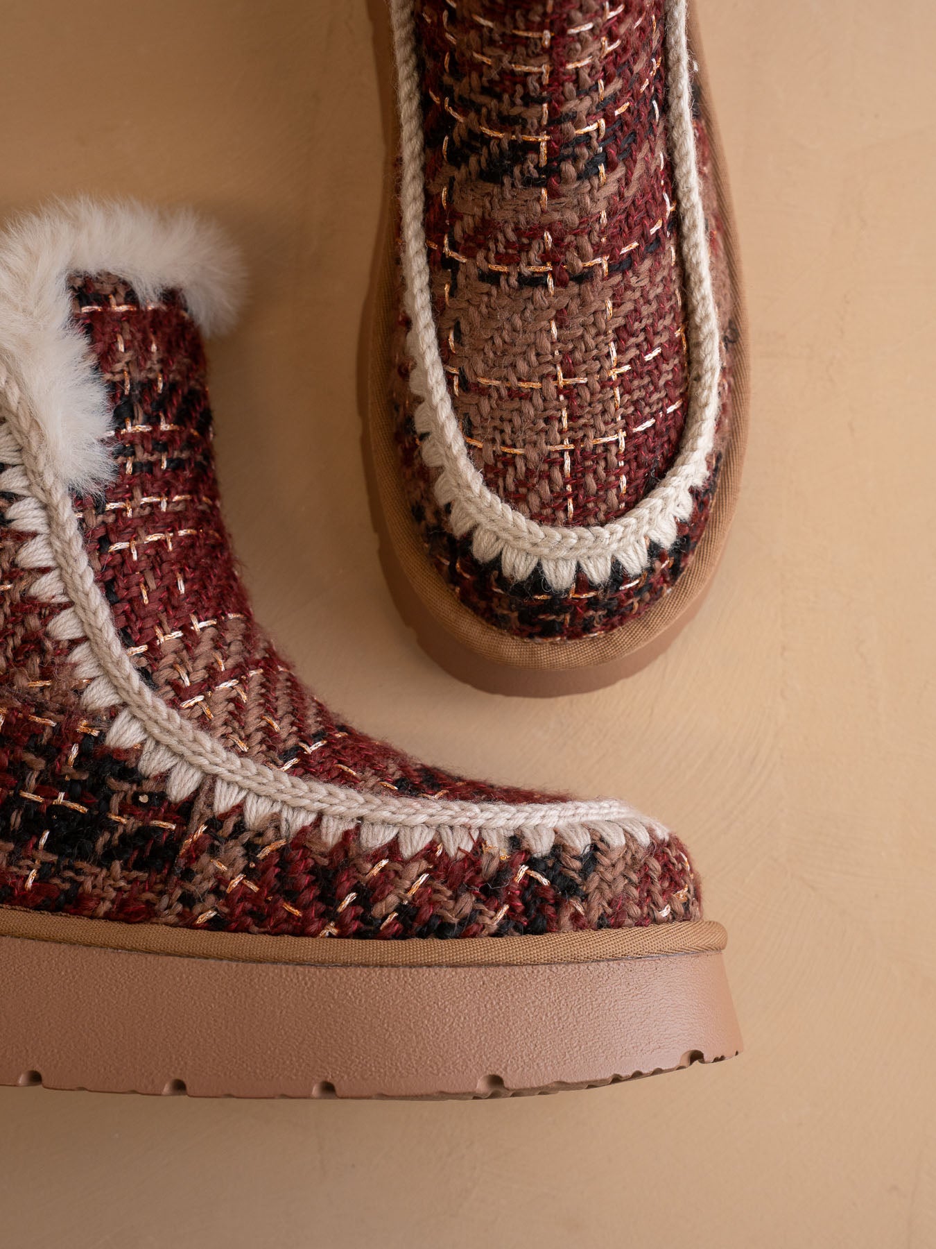 The Joyce | Mocha Tweed Shearling Trim Platform Boot