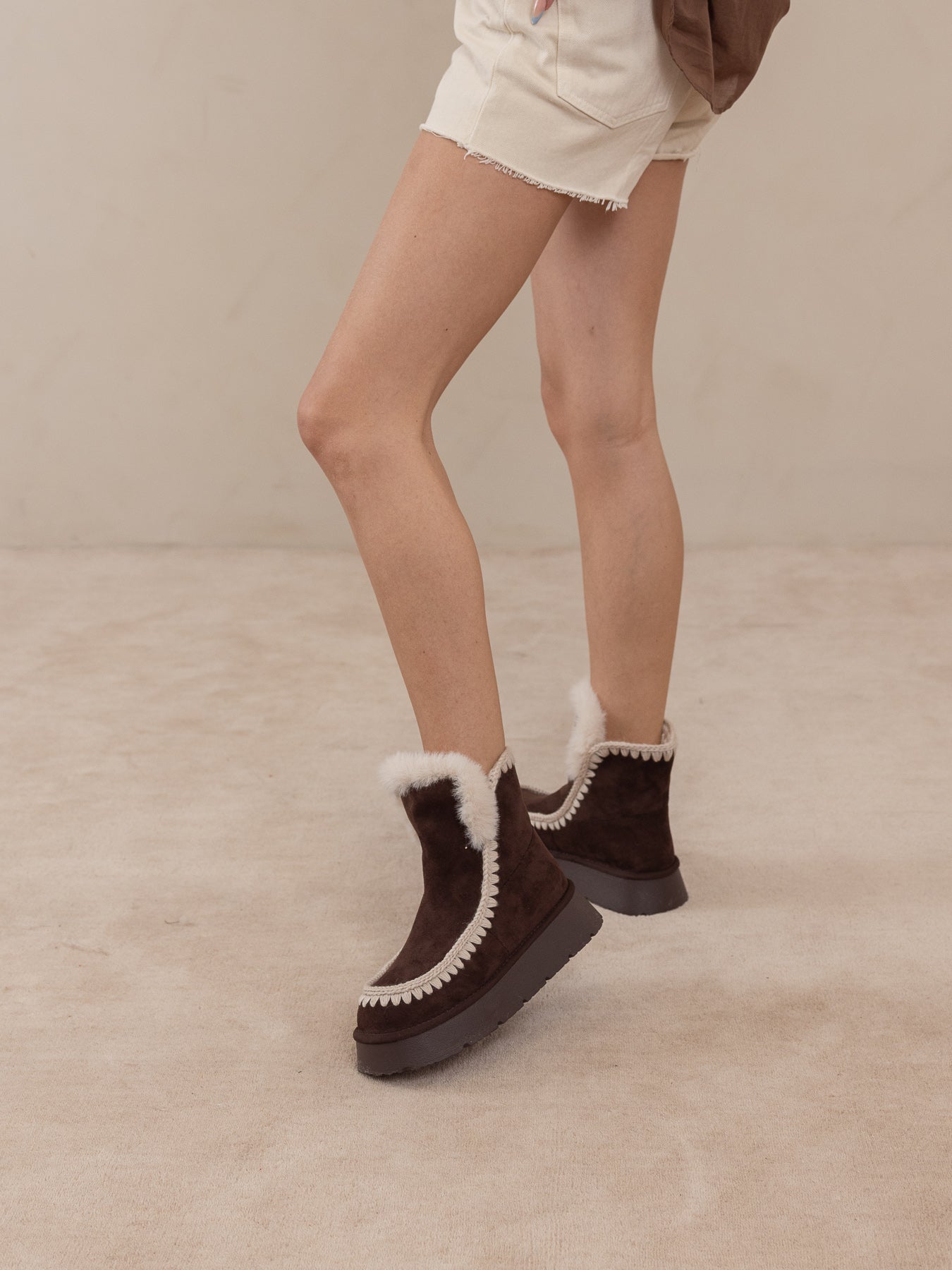 The Joyce | Coffee Shearling Trim Platform Boot