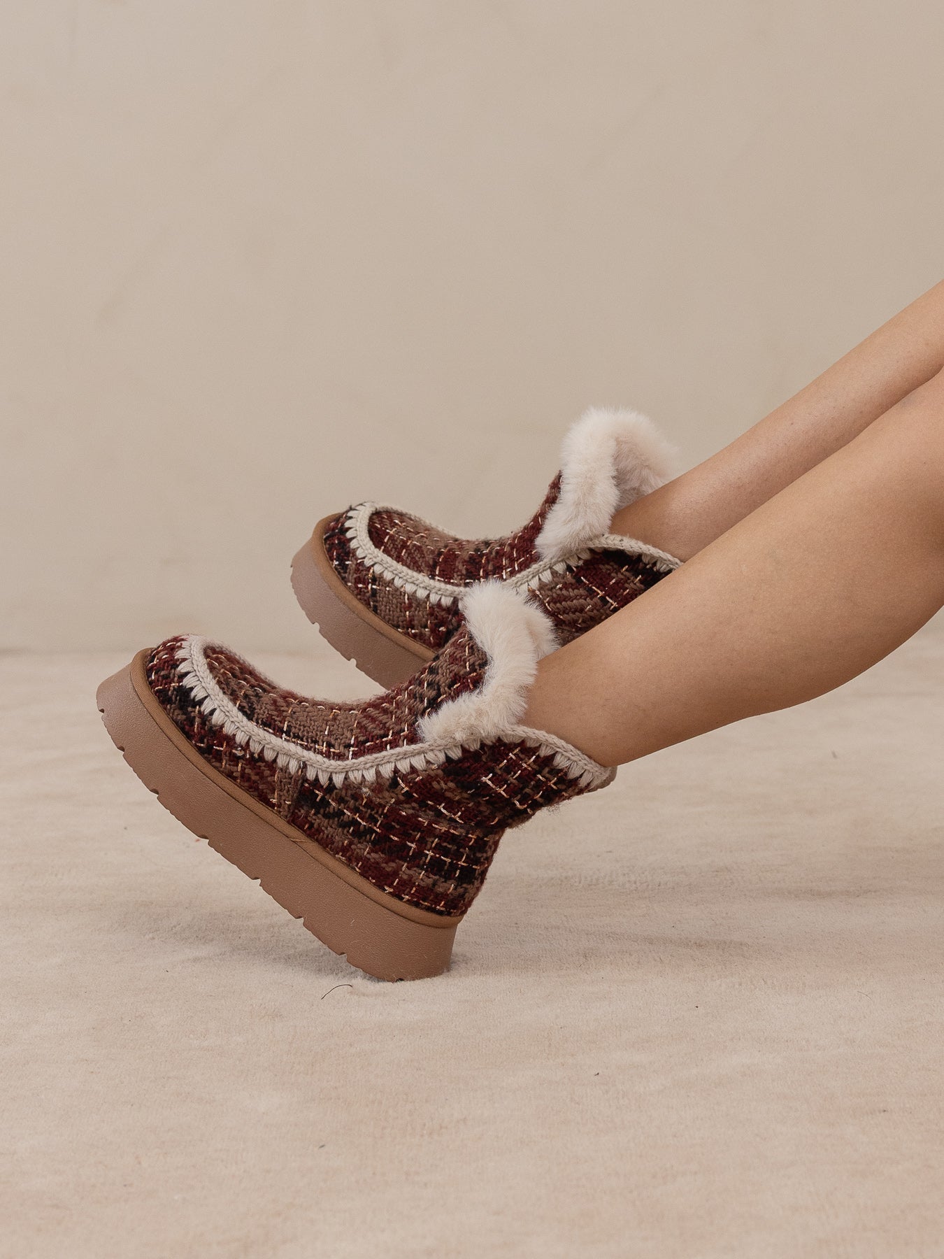 The Joyce | Mocha Tweed Shearling Trim Platform Boot