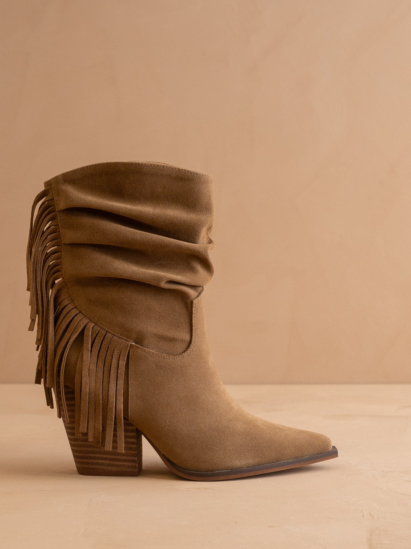 The Kendra | Tan Fringe Slouch Bootie