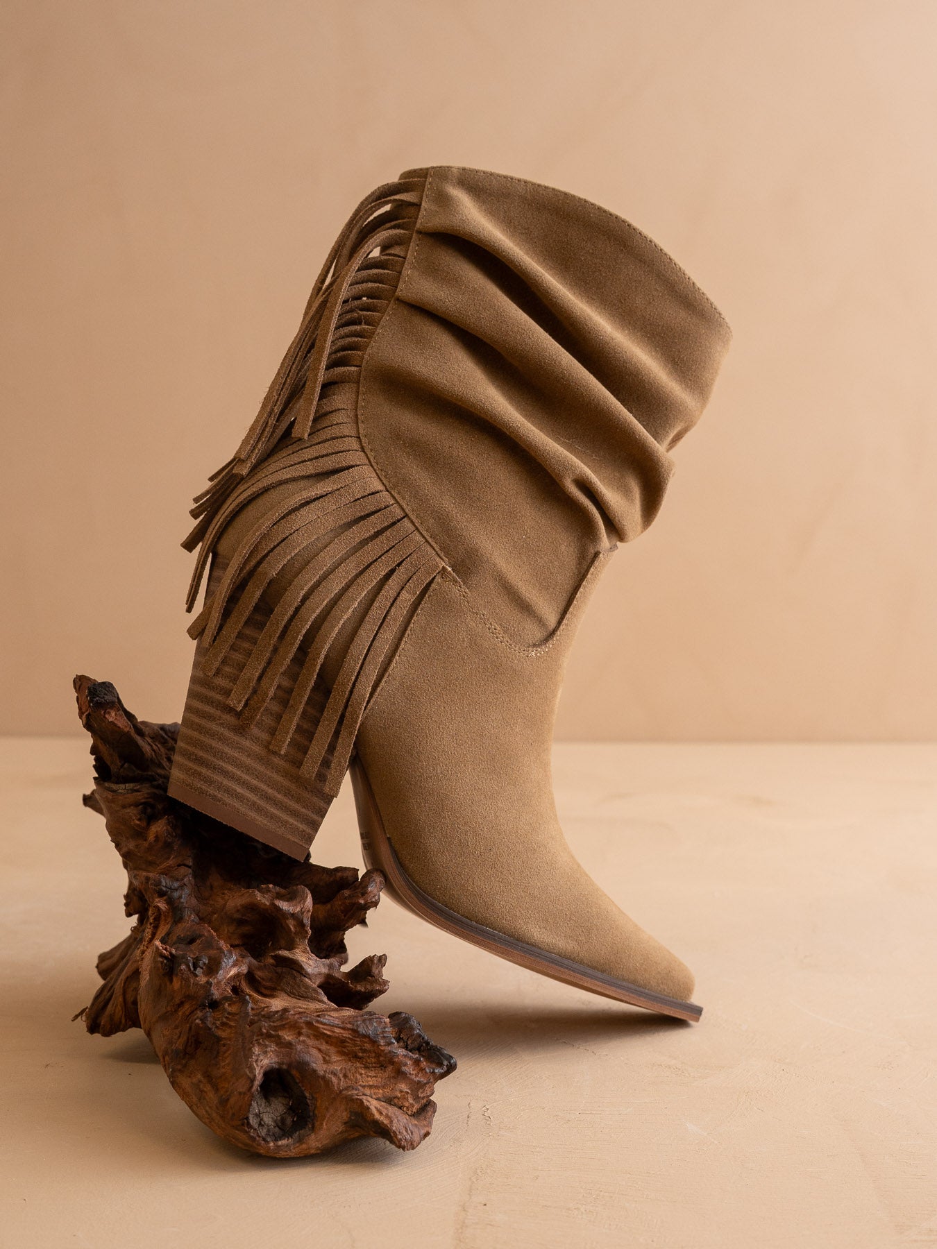 The Kendra | Tan Fringe Slouch Bootie