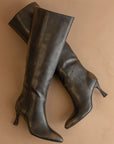 The Lexington | Distress Black Pointed Toe Knee High Boot