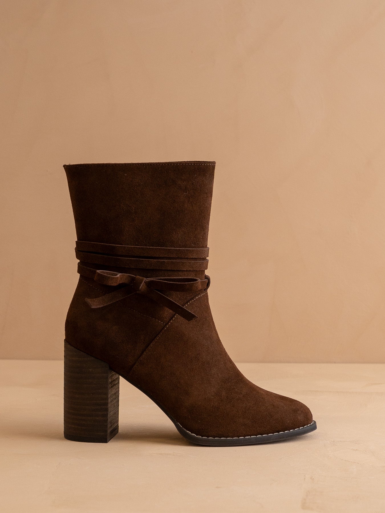 The Lynette | Coffee Wrap-Tie Bow Suede Bootie