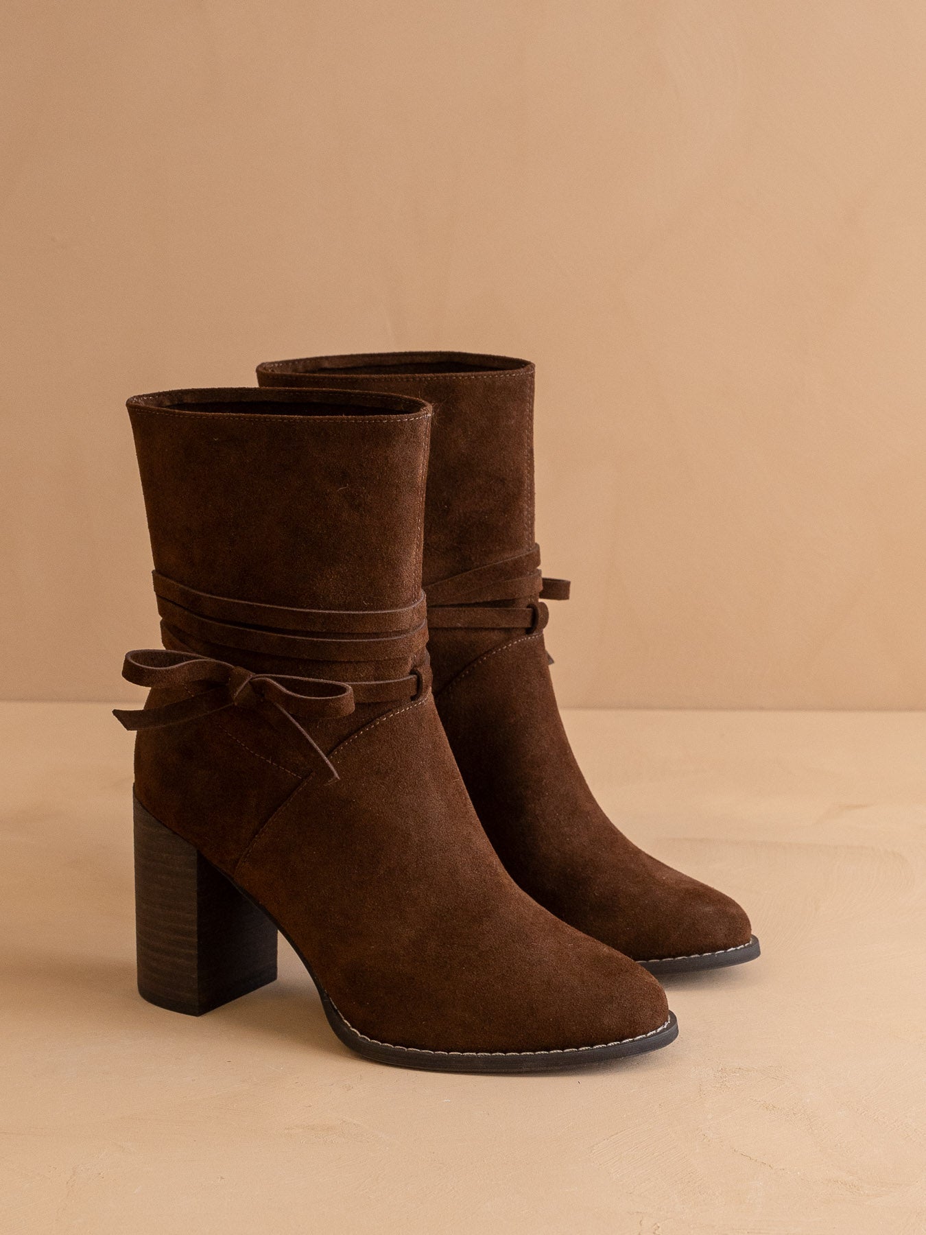 The Lynette | Coffee Wrap-Tie Bow Suede Bootie