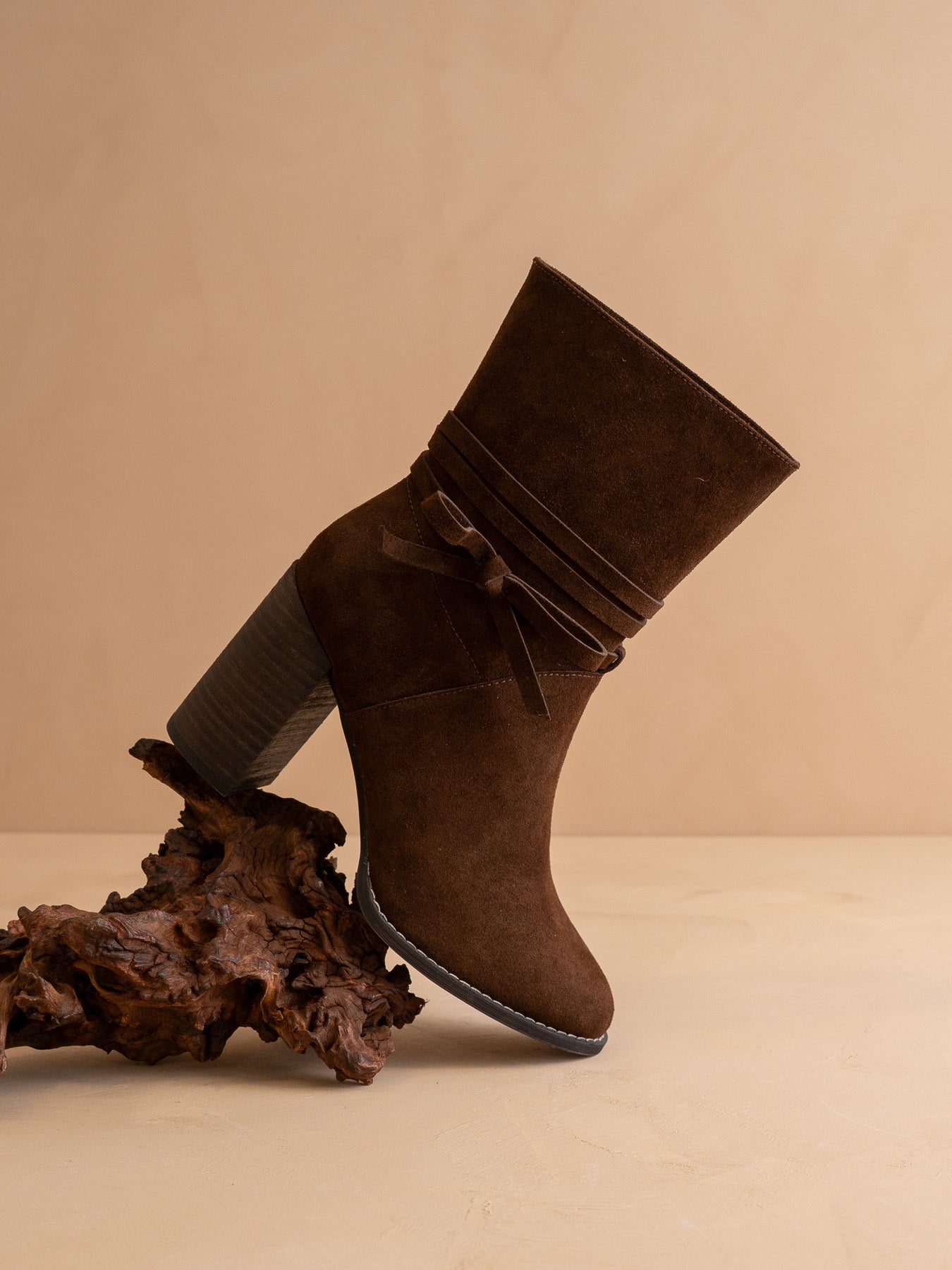 The Lynette | Coffee Wrap-Tie Bow Suede Bootie