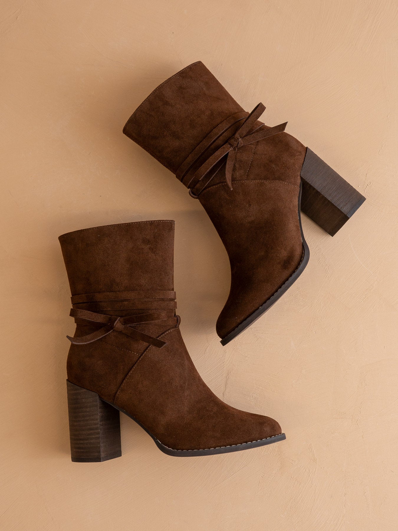 The Lynette | Coffee Wrap-Tie Bow Suede Bootie