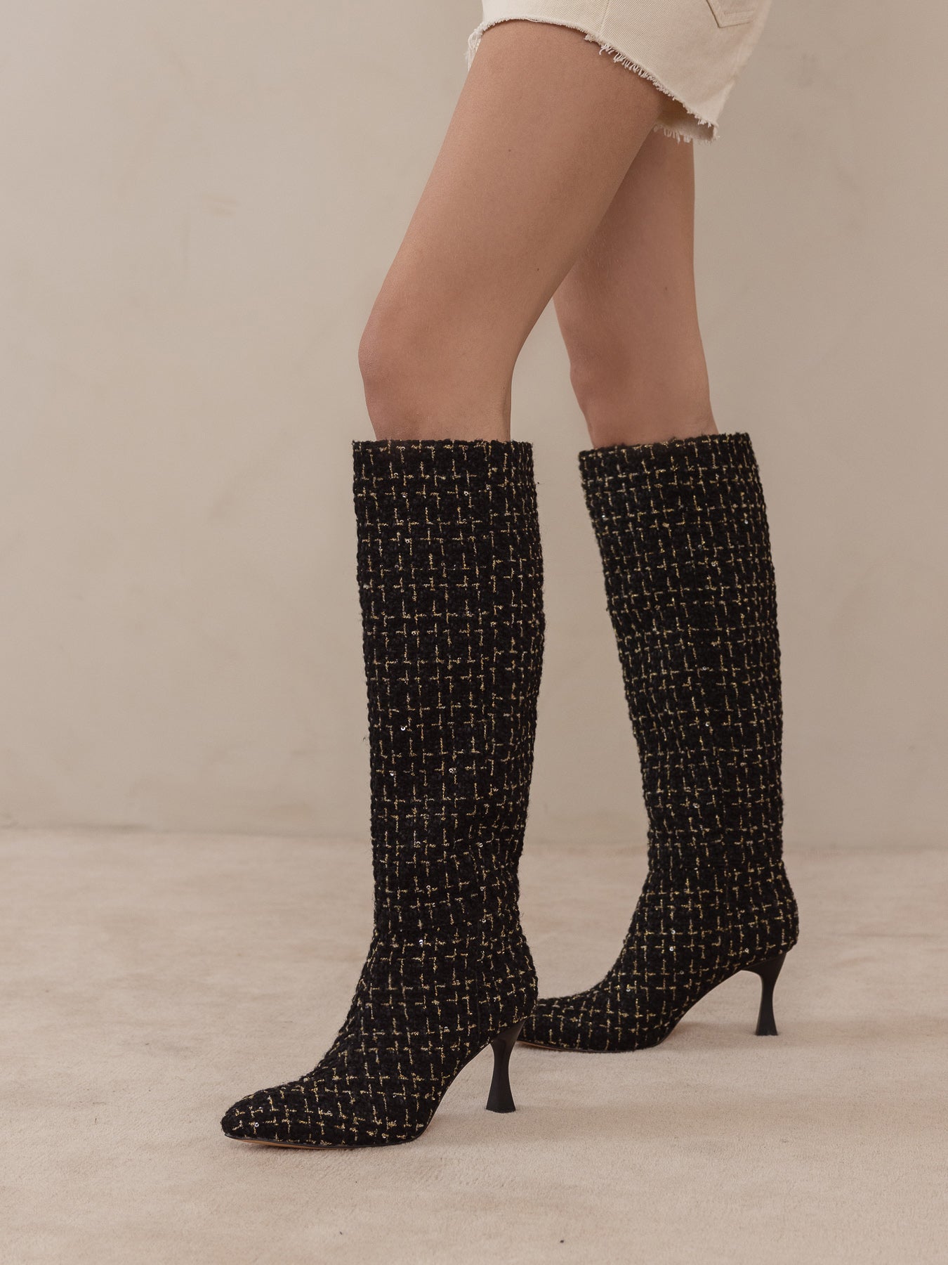 The Lexington | Black Tweed Sleek Pointed Toe Knee High Boot