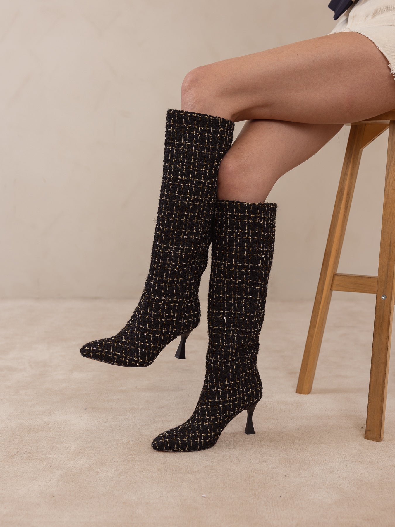 The Lexington | Black Tweed Sleek Pointed Toe Knee High Boot