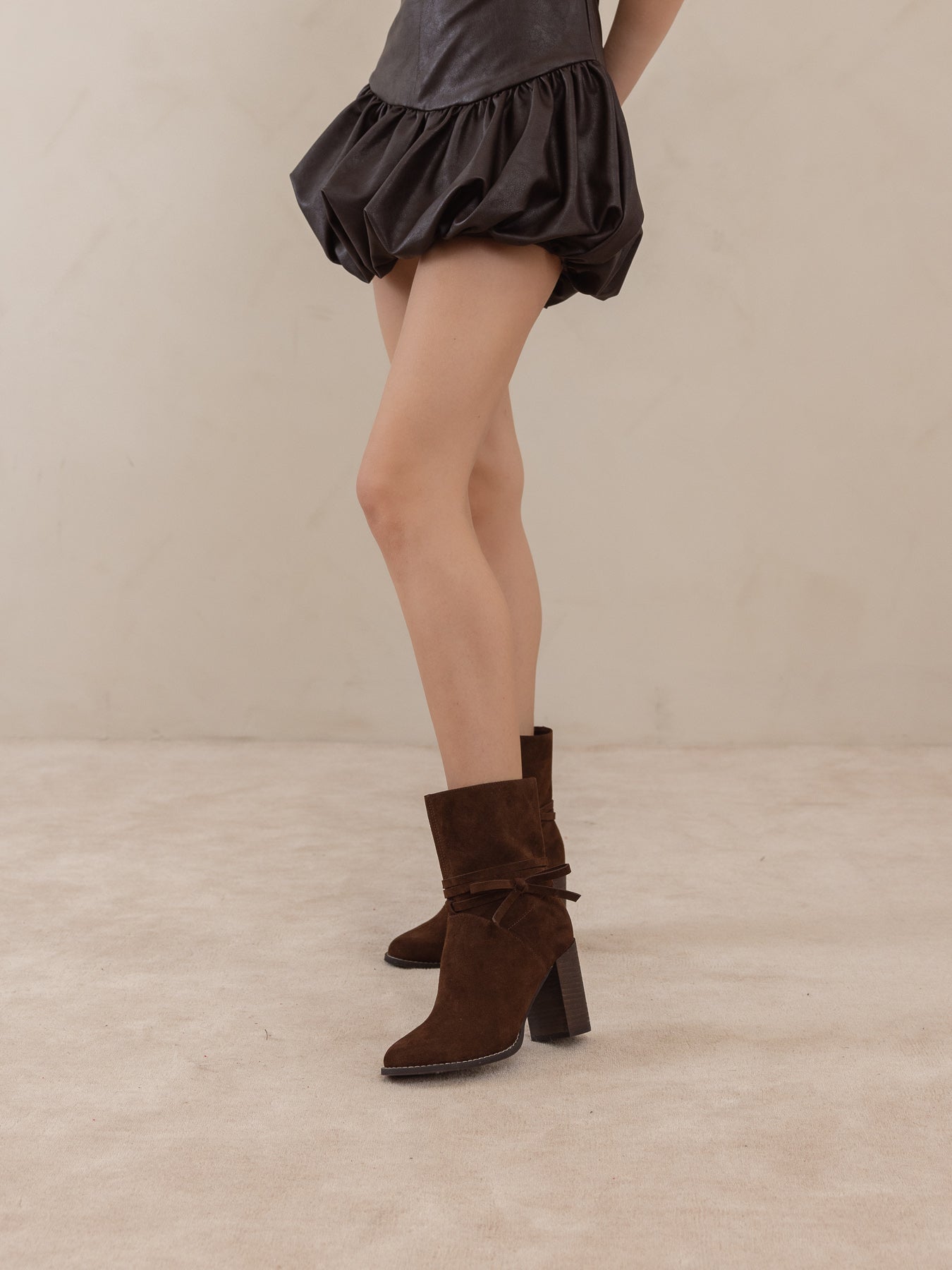 The Lynette | Coffee Wrap-Tie Bow Suede Bootie