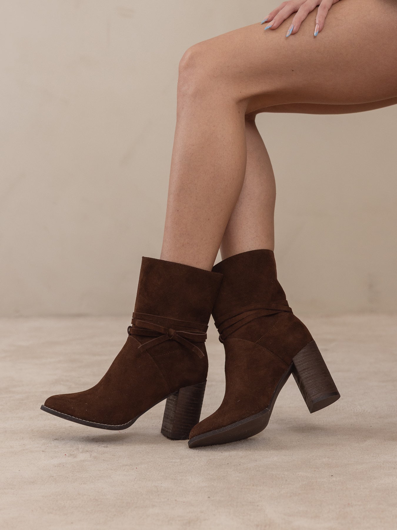 The Lynette | Coffee Wrap-Tie Bow Suede Bootie