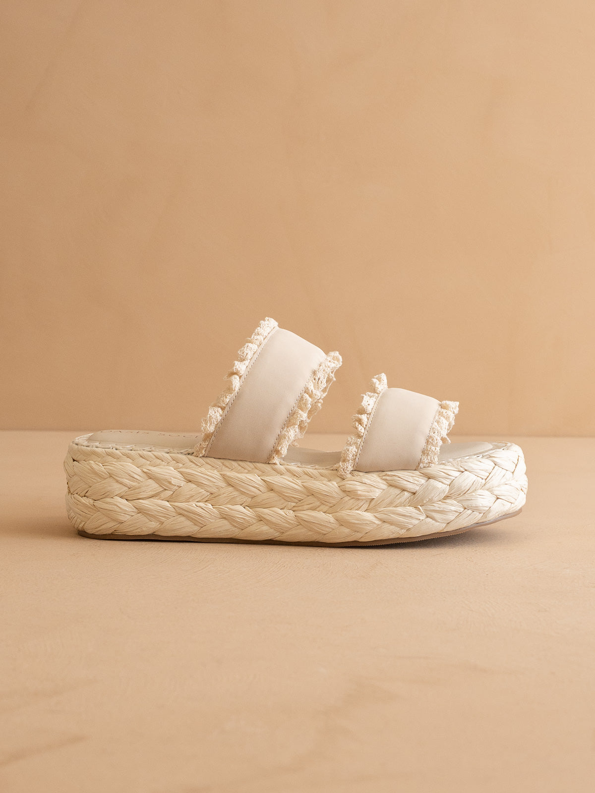 The Polly | Cream Ruffle Strap Raffia Platform Slide Sandal