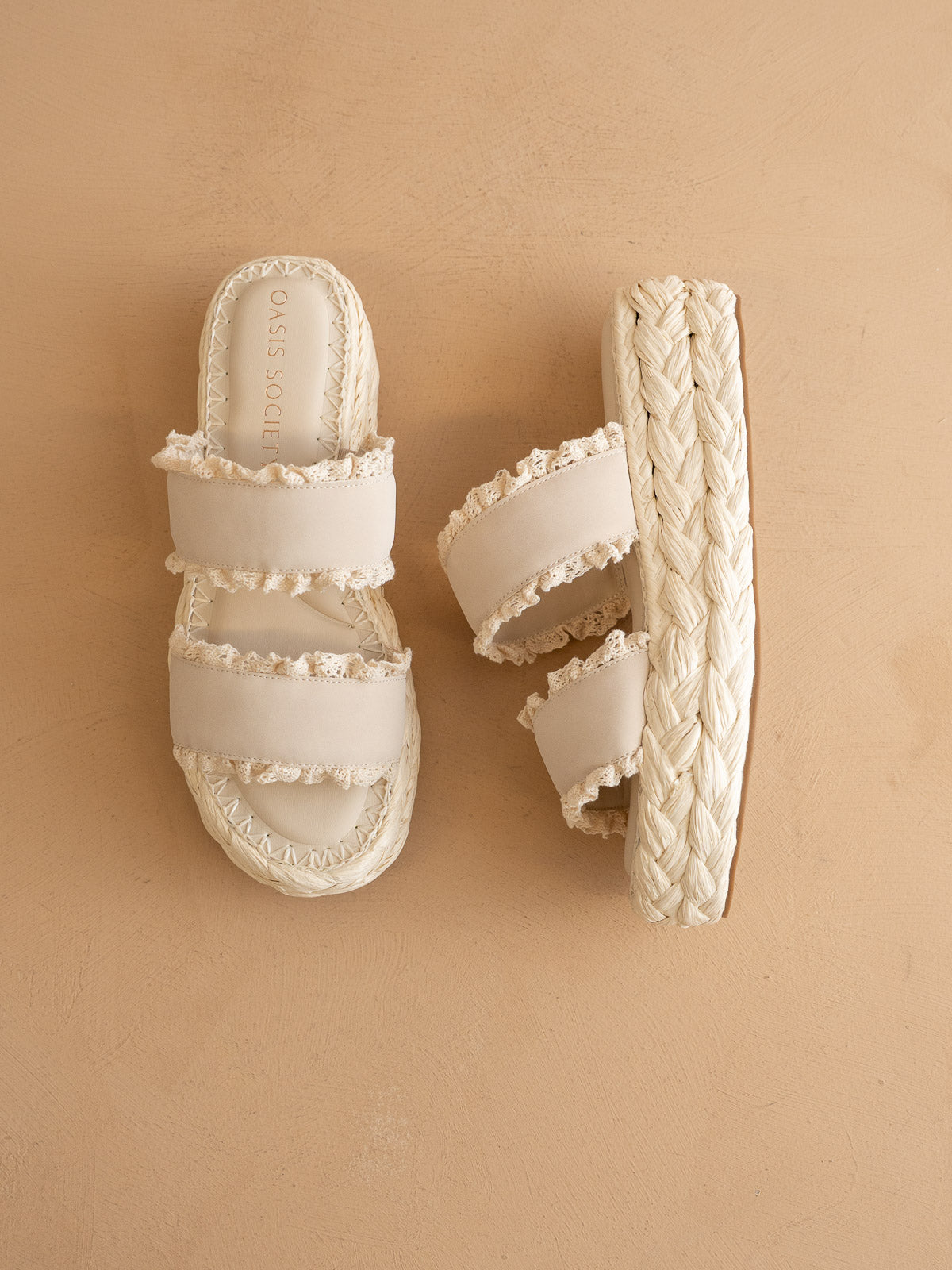 The Polly | Cream Ruffle Strap Raffia Platform Slide Sandal