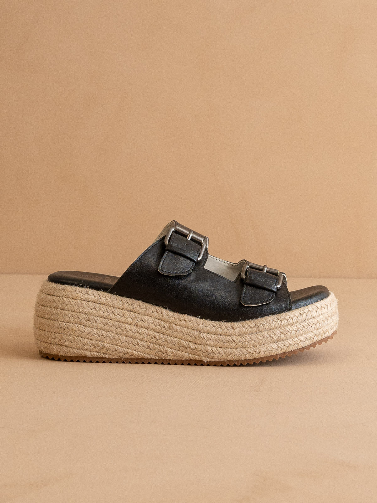 The Porto | Black Fun Flatform with Double Buckle Detail