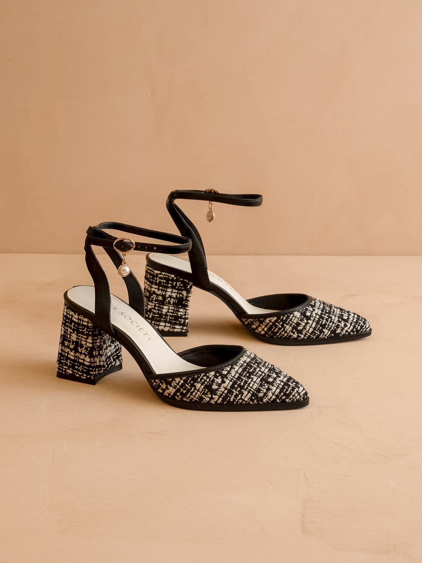 The Princess | Black Tweed Pointed Toe Heel with Ankle Strap