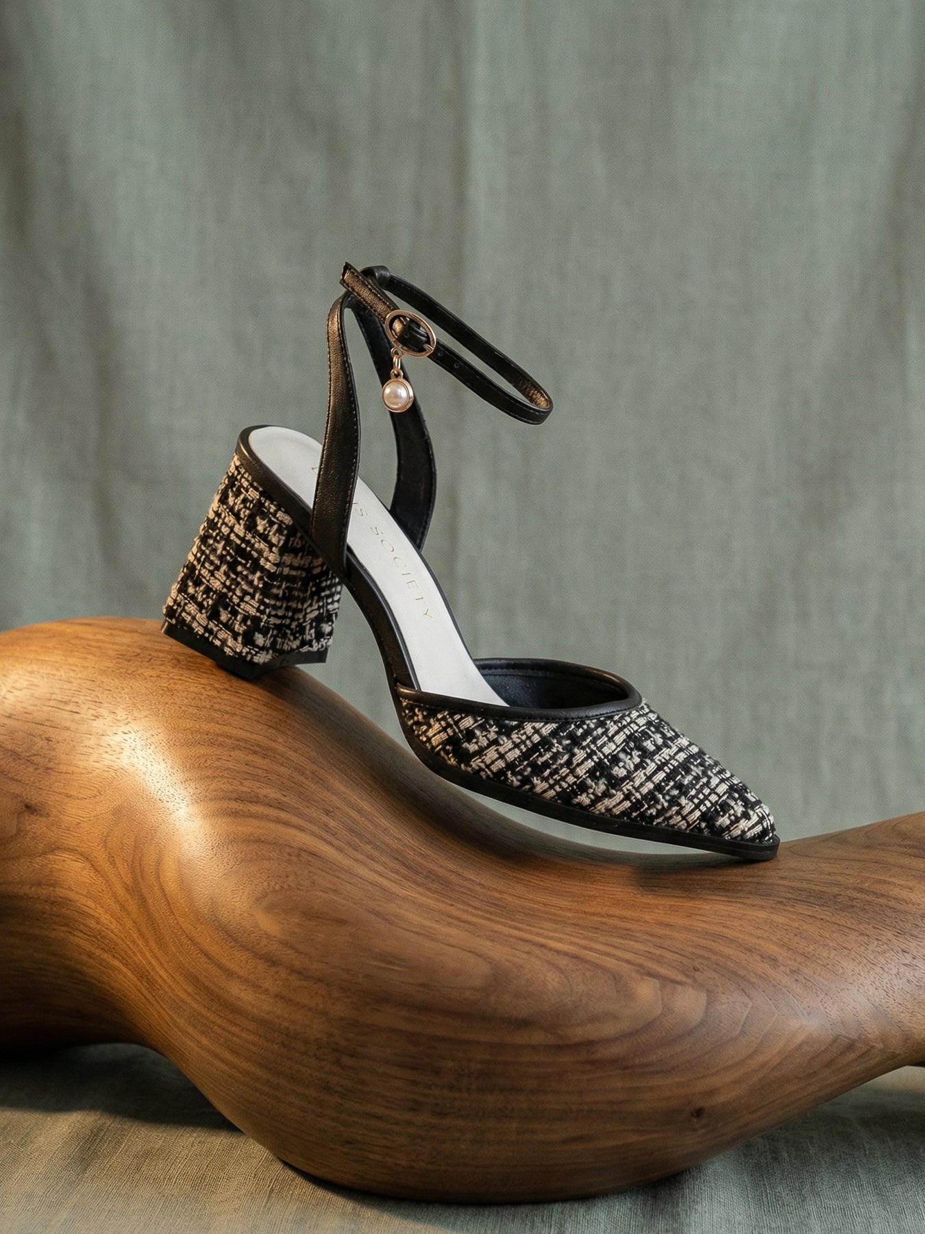 The Princess | Black Tweed Pointed Toe Heel with Ankle Strap