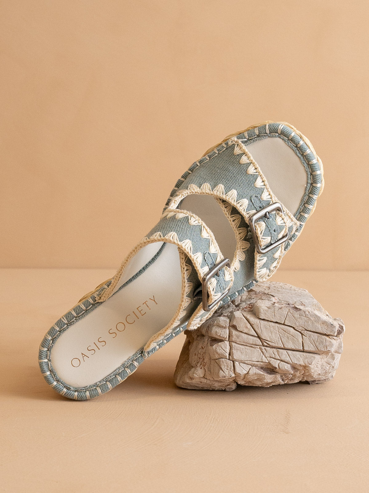 The Rae | Slate Blue Embroidered Espadrille Wedges With Double Buckle Straps