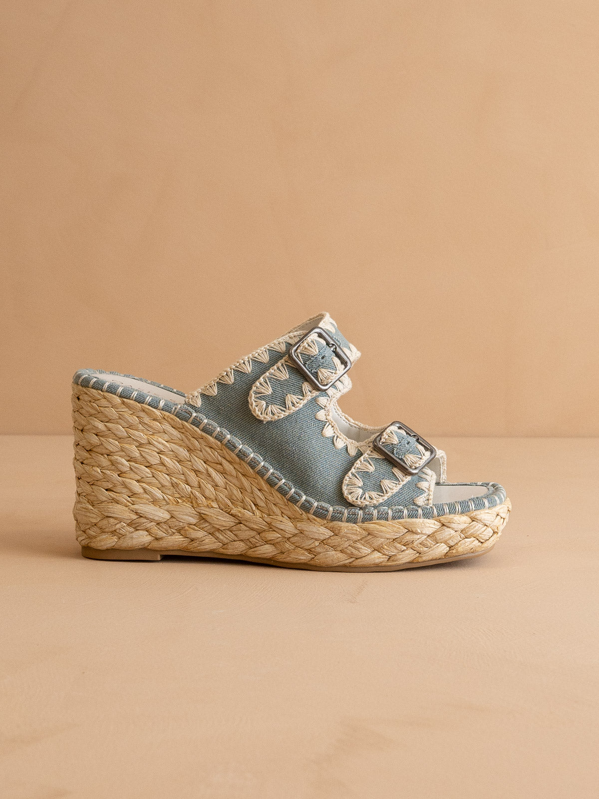 The Rae | Slate Blue Embroidered Espadrille Wedges With Double Buckle Straps