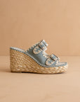 The Rae | Slate Blue Embroidered Espadrille Wedges With Double Buckle Straps