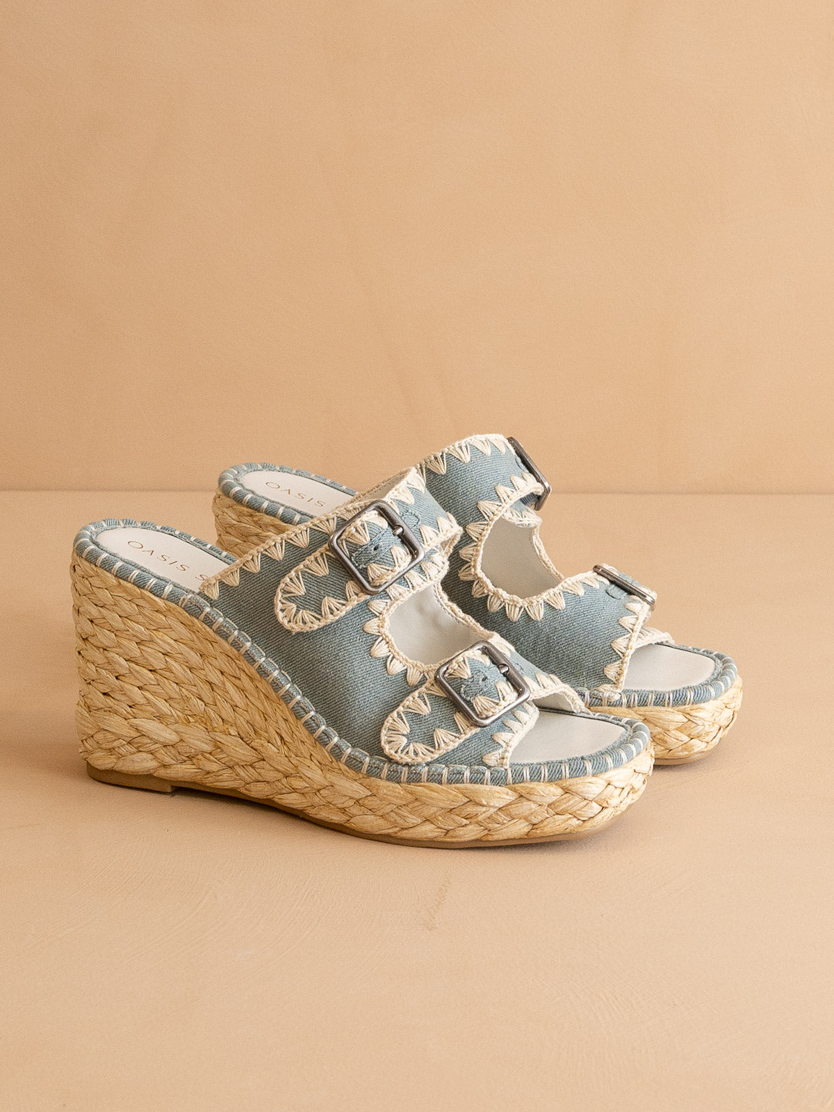 The Rae | Slate Blue Embroidered Espadrille Wedges With Double Buckle Straps