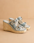 The Rae | Slate Blue Embroidered Espadrille Wedges With Double Buckle Straps